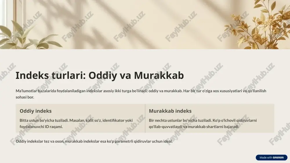 v tezligi dastlab muhim faktor xarch tejash server xarajatlarini qisqartirish foydalanuvchi yaxshi tajriba va qoniqish o'sish miqdor ortganda ham tezlik ishonchlilik muammosiz operatsiya davomi 9 xulosa: indekslar bilan ma'lumotlarni boshqarishning kelajagi indekslar ma'lumotlar bazasining samaradorligini oshirishda ajralmas vositadir. murakkab indekslar yordamida katta va murakkab ma'lumotlar bazalarida ham tezkor qidiruv mumkin. samarali indekslash tizimi biznes va ilmiy sohalarda raqobatbardoshlikni oshiradi. kelajakda suniy intellekt va mashinali o'qitishdan foydalangan avtomatik indeks optimizatsiyasi ko'proq kengayib boradi. bugungi muammolar indekslarni qo'lda boshqarish vaqt talab qiladi kelajak yechimi avtomatik indeks yaratish va optimizatsiya natijon eng tezkor va samarali ma'lumotlar bazalar 10 image-1002-1.png image-1-1.png image-1003-1.png image-2-1.png image-1004-1.png image-3-1.png image-1005-1.png image-4-1.png image-4-10.svg image-4-11.png image-4-12.svg image-4-2.png image-4-3.png image-4-4.svg image-4-5.png image-4-6.svg image-4-7.png image-4-8.svg image-4-9.png image-1006-1.png image-5-1.png image-1007-1.png image-6-1.png image-6-2.png image-6-3.svg image-6-4.png image-6-5.svg image-6-6.png image-6-7.svg image-1008-1.png image-7-1.png image-1009-1.png image-8-1.png image-1010-1.png image-9-1.png image-9-10.png image-9-11.png image-9-12.svg image-9-13.png image-9-14.png image-9-15.svg image-9-2.png image-9-3.svg image-9-4.png image-9-5.png image-9-6.svg image-9-7.png image-9-8.png image-9-9.svg image-1011-1.png image-10-1.png