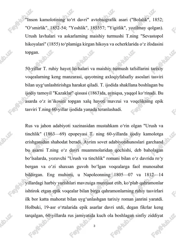 mo mustaqil syujet chizigʻiga ega boʻlgan tarixi tasvir etilgan. t., aksar rus yozuvchilaridek, nasroniy diniga katta eʼtiqod qoʻygan, hayotda roʻy berayotgan voqealarga va kishilarning xattiharakatlariga ham shu din nuqtai nazaridan yondashgan. uning diniy qarashlari jamiyat va shu jamiyatda yashovchi kishilarga, binobarin, u yoki bu qahramoniga boʻlgan munosabatiga, shakshubhasiz, taʼsir oʻtkazgan. t.ning oila masalasiga, chunonchi, kareninlar oilasida sodir boʻlayotgan voqealarga yondashuvida ham diniy qarashlari seziladi. u jamiyat aʼzolarida qanday chirkin xislatlar mavjud boʻlmasin, kishilar diniy qonunqoidalar doirasida harakat qilishlari lozim, aks holda jamiyat halokat sari boradi, degan fikrdan kelib chiqib, qaxramonlar obrazini yaratadi. 70-yillarda ruhiy iztirob iqdimida yashagan t. oʻz hayot yoʻlini qayta nazardan oʻtkazdi va shu jarayonda ijtimoiy kelib chiqishi, tarbiyasi va hayot yoʻli bilan bogʻliq jamiyat qatlamining maʼnaviy asoslari yolgʻonga asoslangan, degan xulosaga keldi. uning bunday qarashlari "iqrornoma" (1880) va "eʼtiqodim nimada?" (1884) asarlarida oʻz ifodasini topdi. t.ning shu davrda yozgan asarlari orasida "ivan ilichning ulimi" (1886), "kreyser sonatasi" …