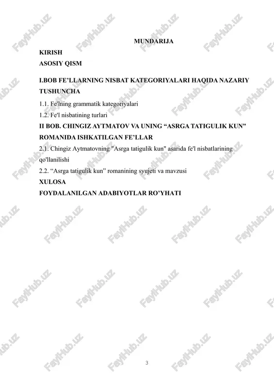 ig qo’llanish usullarini tahlil qilish. 2. kurs ishining natijalari, ularning kursga va soha bo‘yicha ta’sirini ko‘rsatish lozim. bu asos, kurs ishining amaliyoti va ilmiy faoliyati natijasidagi o‘zgarishlarni tahlil qilish uchun muhimdir. kurs ishining mazmuni: u kirish, asosiy qism, to’rt reja, xulosa va foydalanilgan adabiyotlar ro’yxatidan iborat. i.bob fe’llarning nisbat kategoriyalari haqida nazariy tushuncha 1.1. fe'lning grammatik kategoriyalari hozirgi o‘zbek adabiy tilida fe’lga xos grammatik kategoriyalar qo‘yidagilar: 1) nisbat kategoriyasi; 2) bo‘lishli va bo‘lishsizlik kategoriyasi; 3) mayl kategoriyasi; 4) zamon kategoriyasi; 5) shaxs-son kategoriyasi. 2-§. nisbat kategoriyasi. fe’ldan anglashilgan harakatning bajaruvchi va bajariladigan harakat o‘rtasidagi munosabatining ifodala-nishi fe’l nisbati deyiladi. masalan: sobir akasidan kelgan xatni alisherga o‘qitdi gapida sobir ega, alisherga to‘ldiruvchidir. ushbu gapda asosiy harakat bajaruvchi alisher, ya’ni to‘ldiruvchi bo‘lib, sobir, ya’ni ega harakat bajarilishida vosita bo‘lgan shaxs xolos. jumladagi ikki bajaruvchi orasidagi harakat bajarish bilan bog‘liq ana shunday munosabat fe’lning nisbat shakli orqali ifodalanadi: o‘qi+t+di. fe’l nisbati maxsus shakl …