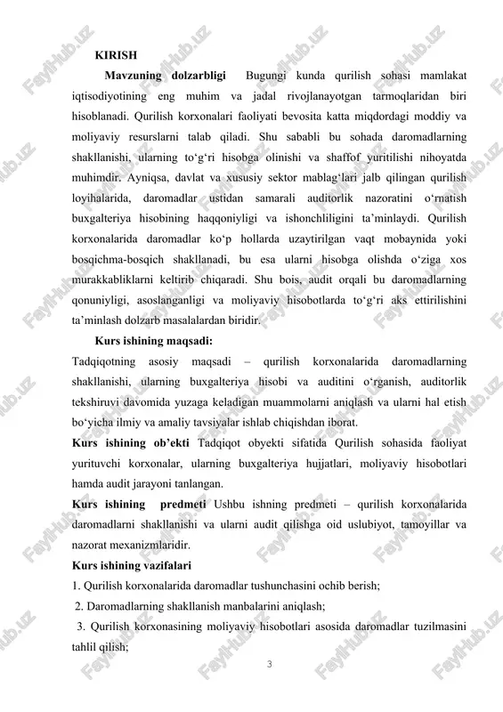 jjatlar, milliy va xalqaro moliyaviy hisobot standartlari asosida daromadlar auditi yuritilishi bo‘yicha metodik tavsiyalar ishlab chiqilgan. • audit nazariyasi va amaliyotiga oid o‘quv qo‘llanmalarda (masalan, a. alimov, m. saidov, t. qosimov, sh. tursunov kabi mualliflar) daromadlarni audit qilish prinsiplari, usullari va texnologiyalari chuqur yoritilgan. • shuningdek, xalqaro audit kompaniyalari (kpmg, deloitte, ey, pwc) tajribasida daromadlar auditi bo‘yicha ilg‘or amaliyotlar qo‘llanilib, auditda axborot texnologiyalarining o‘rni tobora ortib bormoqda. kurs ishining tuzilishi. kirish 2 ta bob,to‘rt reja, xulosa, foydalanilgan adabiyotlar, i-bob. qurilish korxonalarida daromadlar auditi bo‘yicha nazariy asoslar 1.1. qurilish korxonalarida daromad tushunchasi va ularning shakllanish manbalari daromad — bu xo‘jalik yurituvchi subyektning muayyan davr davomida o‘z faoliyati natijasida olgan iqtisodiy foydasidir. boshqacha aytganda, bu mahsulot (ish, xizmat) realizatsiyasidan tushgan tushum va boshqa faoliyatlardan olingan moliyaviy resurslar yig‘indisidir. u xo‘jalik subyektining moliyaviy barqarorligi, rentabelligi va rivojlanish salohiyatini belgilovchi asosiy ko‘rsatkichlardan biri hisoblanadi. qurilish korxonalari uchun daromad tushunchasi o‘ziga xos xususiyatlarga ega. bu …