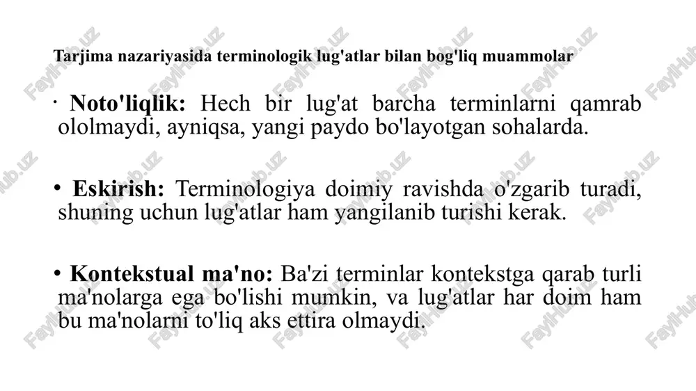 ’siri natijasida tarkib topadi. kishilar yer yuzining turli mintaqalarida yashashidan qat’iy nazar, yaratilgan ma’naviy boyliklarini o‘zaro baham ko’rishga intilmoqda, bir-birining san’atidan, badiiy kashfiyotlaridan zavqlanib, qalban va ruxan yaqinlashib bormoqda. chunki «kundalik aloqa vositasi bo‘lgan tilga nisbatan badiiy adabiyot tili - bu so‘z ustalari tomonidan qayta ishlangan tildir» [fyodorov 1963]. tarjima - millatlar orasida bevosita ma’naviy aloqa qilish quroli. chunki u madaniy boyliklar, kishilarning ko‘p asrlik ezgu niyatlari, goyasi va qarashlari mujassamlangan asarlarni o‘zga til soxibi bolmish xalqga yetkazadi, xalqning kungil daftarini namoyish etadi. turli tillarda yozilgan badiiy asarlari katta tarjima yo’lida ayirbosh qilinadi. tarjimasiz, faqat o‘z ichki resurslari xisobigagina rivojlanadigan, uzoq va yaqin boshqa xalqlar bunyod etgan madaniy boyliklardan baxramand bo‘lmagan sof milliy madaniyat ham, adabiy o‘zgarmas «toza» til ham yo‘q va bo’lishi ham mumkin emas. keyingi paytlarda yurtimizda ilmiy tarjima ham keng quloch yoymoqda. bu borada mutaxassislarning, ayniqsa, filologlarning sa’yxarakatlari taxsinga loyiq. tarjima - umumbashariy va xalqlar do’stligi quroli. …