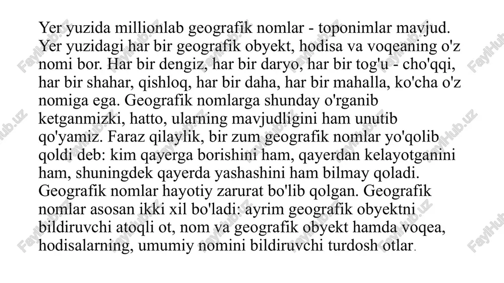 koniyati yaratiladi. joy nomlarini o'rganuvchi mutaxassislar toponimistlar deb, terminlarni o'rganuvchi mutaxassislar terminologlar deb ataladi. toponimika va terminshunoslikka oid ma'lumotlar kishilar bilimini juda kengaytiradi hamda madaniy saviyasini o'stiradi. deyarli barcha buyuk kishilar, allomalar toponimika va terminshunoslikka oid ma'lumotlarga juda qiziqqan va o'zlari ham fanning bu sohalari bilan shug'ullanganlar. geografiya darslarida toponimika va terminshunoslikka oid ma'lumotlardan foydalanish o'quvchilarning fanga qiziqishini kuchaytiradi va shu sohada chuqur bilim olishlariga yordam beradi. har bir fanni, shu jumladan toponimikani ham puxta o'rganish uchun uning atama va tushunchalarini bilish zarur. toponimikaning o'ziga xos atama va tushunchalari mavjud. bularning eng muhimlari quyidagilar: abbreviatsiya - geografik nomlarning qisqartirilgan shakli: xxr, aqsh, mar, bam, donbass, kuzbass, rf va boshqalar. antonim nomlar - bir - biriga teskari ma'noli geografik nomlar: oqdaryo - qoradaryo, kungay olatog'i - terskay olatog'i, yuqori chirchiq - quyi chirchiq, oqtog' - qoratog' va boshqalar. antroponim nomlar - kishilarning ismi, familiyasi, taxallusi, laqamidan olingan nomlar: navoiy shahri, beruniy …