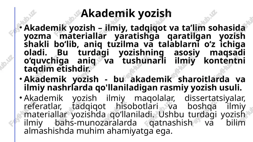 atga ega. akademik yozishning asosiy xususiyatlari: tizimlilik: yozma materiallar aniq tuzilishga ega bo‘lib, kirish, asosiy qism va xulosa kabi qismlardan iborat. obyektivlik va ilmiy tahlil: faktlar, ilmiy dalillar va tahlillarga asoslangan bo‘lishi va shaxsiy fikrlarni ob’yektiv tarzda ifodalashi kerak. aniqlik va qat’iylik: yozuvda aniq so‘zlar, terminlar va faktlar qo‘llaniladi. akademik yozishning asosiy usullari: analitik yozish: ma’lumotlarni chuqur tahlil qilish va faktlarga asoslangan xulosalar chiqarish. ko‘rgazmali yozish: o‘quvchini ilmiy faktlar bilan tanishtirish va ularni tushuntirish. qiyosiy yozish: turli fikr va ma’lumotlarni solishtirish orqali xulosa chiqarish. adabiyotlar bilan ishlash muayyan bir mavzu sohasida ma'lum bo'lgan va hali ma'lum bo'lmagan axborot, bilim va ko’nikmalarni assotsiatsiya qilish orqali aniqlay bilish talabalar, tadqiqotchilar uchun muhim sanaladi. akademik doiralarda bu adabiyotlar tahlili deb nomlanadi va ushbu tahlil muayyan mavzu holatini tushunishga, u bilan olib borilayotgan tadqiqotlar bilan bog'liqlikni va ushbu bilimlardagi bo'shliqlarni aniqlashga imkon beradi. adabiyotlar tahlili diqqat markazidagi munozarani hal qilib qo'shimcha tadqiqotlar o'tkazish zarurligini …