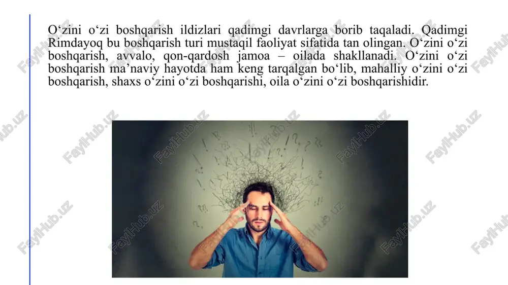ali kontent yaratish ko'nikmalarini va marketing strategiyalarini mustaqil ravishda o'rganish. turli janrlardagi kitoblarni o'qish: turli mavzularni o'rganish, tanqidiy fikrlash bilan shug'ullanish va o'z-o'zidan tanlagan o'qish materiali orqali rasmiy ta'limdan tashqari bilimlarni kengaytirish. ehtiyotkorlik: emotsional farovonlik, o'z-o'zini anglash va ichki tinchlikni rivojlantirish uchun o'z-o'zini boshqarish tartiblari va usullari bilan shug'ullanish. margaret uitli o'zining "yetakchilik va yangi fan" kitobida shunday yozadi: "kvant dunyosida hamma narsa ma’lum kontekstga, hozirgi paytda mavjud bo'lgan noyob munosabatlarga bog'liq. munosabatlar joydan joy va lahzadan lahzaga farq qilar ekan, nega biz bir turli kontekstda ishlab chiqilgan yechimlar boshqasida bir xil natija berishini kutamiz? an’anaviy ierarxik boshqaruv tuzilmalari eskirib, hatto samarasiz bo‘lib borayotgani tobora oydinlashib bormoqda. hamma narsa kontekstga bog'liq bo'lgan kvant dunyosida boshqaruvning yangi konsepsiyasi paydo bo'lishi kerak. o'z-o'zini boshqarish konsepsiyasi bu yaxshi yechim bo’lishi mumkin. oliy ta'limning davlat ta'lim standartlari bakalavriat ta’lim yo’nalishlari bo’yicha bakalavrlarning kasbiy kompetensiyalariga qo’yiladigan talablarda o'z-o'zini tashkil etish universal kompetensiyalar guruhi sifatida tasniflanadi: …