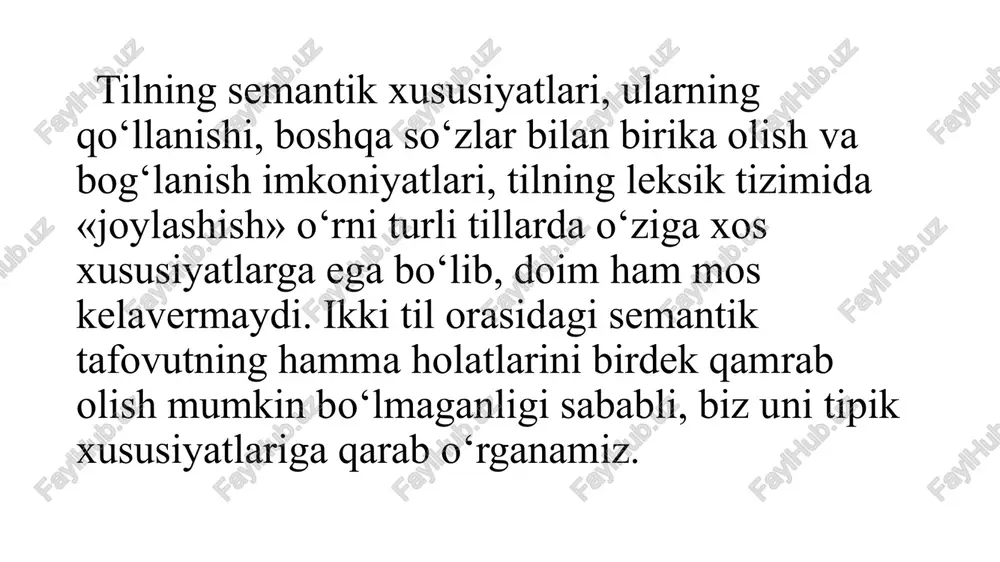 r kirib kelayotganini ham alohida ta’kidlash joiz. xos so‘zlar tarjimasida, odatda, ikki xil qiyinchilikka duch kelinadi: 1) asliyat tiliga xos so‘zlarga mos ekvivalentning mavjud emasligi; 2) asliyat tilidagi xos so‘zlar, mazkur xalqqa doir milliy, tarixiy koloritni tarjima qilinayotgan tilda to‘laligicha ifodalashning murakkabligi. shu nuqtai nazardan, xos so‘zlar tarjimasida quyidagi holatlar ko‘zga tashlanadi: 1) baynalminal xarakterdagi xos so‘zlar. tarjimada ular o‘z shaklida birlashishi mumkin; 2) faqat ma’lum bir hudud yoki millatga xos voqea-hodisalar. ular shu millat turmush tarziga xos tushunchalarnigina ifodalaydi. agar tarjimon bunday o‘ziga xoslikni tushunmay, uni boshqa ma’no ifodalovchi so‘z bilan o‘girib qo‘ysa, asarning milliy koloriti, so‘z ifodalagan ma’noning o‘ziga xosligiga putur yetkazgan bo‘ladi. bunday hollarda xos so‘zlar xorijiy tildagi shaklda berilib, izohi havola (snoska)da beriladi. 3) ayrim xos so‘zlar matn ichida o‘zicha qoldirilib, kontekstning ichida izohi keltiriladi. shunday qilib, xos so‘zlarning tarjimasida quyidagi usullar ko‘proq kuzatiladi: 1) transkripsiya; 2) transliteratsiya; 3) tarjima orqali yangi so‘z – neologizm hosil …