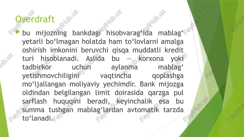 tomonidan overdraft bo'yicha berilishi mumkin bo'lgan miqdorning cheklanganligidir. odatda uning miqdori o'rtacha oylik daromadning uch barobaridan oshmaydi. shu bilan birga, siz bir vaqtning o'zida kredit sifatida ancha katta miqdorni olishingiz mumkin. shunday qilib, overdraft shaxsiy byudjet uchun juda qulay va foydali vosita, moliyaviy yordam bo'lishi mumkin. ammo uni ishlatishni boshlashdan oldin, siz bankingiz bilan barcha shartlarni aniqlab olishingiz va foyda va xavflarni baholashingiz kerak. va, har qanday kredit kabi, overdraft ham moliyaviy intizomni talab qiladi. xulosa o‘zbekiston iqtisodiyotida kichik biznes va tadbirkorlikni qo‘llab-quvvatlash davlat siyosatining ustuvor yo‘nalishlaridan biri hisoblanadi. so‘nggi yillarda tijorat banklari tomonidan taqdim etilayotgan zamonaviy kredit mahsulotlari — jumladan, overdraft kreditlari, aylanma mablag‘larni to‘ldirish kreditlari, mikroqarzlar va startap loyihalar uchun maxsus kredit liniyalari tadbirkorlikni yanada rivojlantirishga xizmat qilmoqda.overdraft kreditlari ayniqsa naqd pul oqimini barqarorlashtirish, to‘lov intizomini saqlash va tezkor xarajatlarni qoplash imkonini beradi. bu turdagi kredit mijozlarga hisobvarag‘idagi mablag‘ yetishmovchiligini vaqtincha bartaraf etish orqali biznesni to‘xtatmasdan davom ettirish …