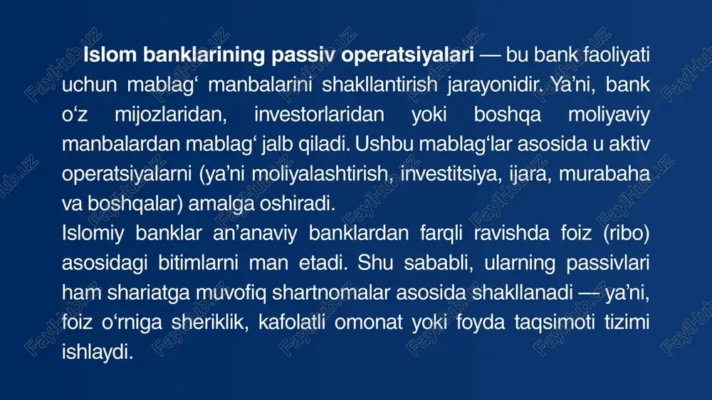 hisobvaraqlari ikki asosiy shartnomaga tayangan holda ochiladi: 1. mudaraba (sheriklik): mijoz — sarmoyador (rabb-ul-mal), bank esa — boshqaruvchi (mudarib). mijoz bankka mablag‘ beradi, bank uni shariat asosida loyihalarga joylashtiradi. foyda oldindan kelishilgan foyda taqsimoti nisbati bo‘yicha bo‘linadi. zararda mijoz sarmoyador sifatida moliyaviy zarar ko‘radi, bank esa mehnatini yo‘qotadi. 2. wakala (vakillik): mijoz bankni vakil qiladi, ya’ni: “mening nomimdan investitsiya qil” deb topshiriq beradi. bank foydadan ma’lum foiz komissiya oladi, qolgan foyda mijozga tegishli bo‘ladi. b) amaliy jihatdan jamg‘arma hisobvaraqlari: bank uchun barqaror va uzoq muddatli resurs manbai hisoblanadi; mijozlar sonini oshirib, bankning mablag‘ aylanishini kengaytiradi; investitsion loyihalarni moliyalashtirish uchun asosiy manbani yaratadi; bankka foyda keltiruvchi aktiv operatsiyalarni amalga oshirish imkonini beradi (murabaha, ijara, istisna va boshqalar orqali). wakala depozit shartlari (dubai islamic bank, baa) bankni vakil sifatida tayinlash investitsiya tartibi mijoz bankni o‘z nomidan investitsiya operatsiyalarini amalga oshiruvchi agent sifatida tayinlaydi. bank quyidagilarga haqli: faqat shariatga muvofiq bitimlarni amalga oshirish; …