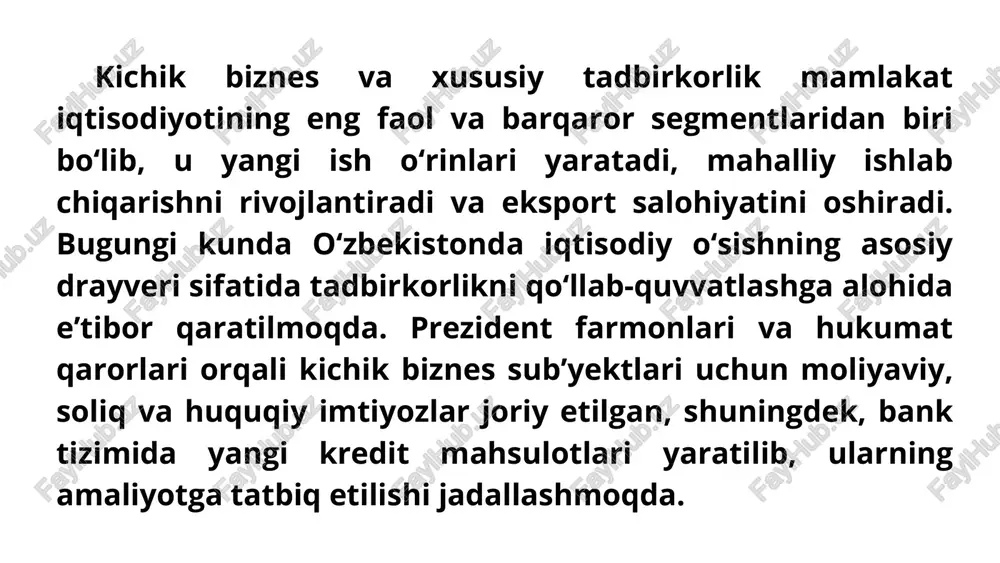 tezkor onlayn kreditlar kiradi. har bir kredit turi maqsad va sharoitga ko‘ra farq qiladi, biroq ularning barchasi kichik biznes sub’yektlarining moliyaviy ehtiyojlarini qondirishga xizmat qiladi. shu bilan birga, ayrim banklar mijozlarning kredit tarixiga asoslanib differensial foiz stavkalarini qo‘llamoqda. investitsion (muddatli) kreditlar investitsion kreditlar yangi ishlab chiqarish quvvatlarini yaratish, asbob-uskunalar xarid qilish va texnologiyalarni modernizatsiya qilish uchun mo‘ljallangan. ular odatda o‘rta yoki uzoq muddatli bo‘lib, 3–7 yilgacha beriladi. o‘zbekistonda “milliy bank”, “asaka bank” va “tenge bank” kabi yirik moliya institutlari investitsion loyihalar uchun 14–20 foizli stavkalarda kreditlar taklif qilmoqda. mazkur kreditlar nafaqat ishlab chiqarish hajmini oshirish, balki eksportbop mahsulotlar ishlab chiqarish va yangi ish o‘rinlari yaratishga ham xizmat qilmoqda. mikrokredit va oilaviy tadbirkorlik dasturlari mikrokreditlar kichik hajmli, ammo katta ijtimoiy ahamiyatga ega moliyaviy mahsulot hisoblanadi. o‘zbekistonda oilaviy tadbirkorlikni rivojlantirish maqsadida “har bir oila — tadbirkor” dasturi doirasida imtiyozli kreditlar ajratilmoqda. bu kreditlar orqali tikuvchilik, chorvachilik, sartaroshlik, nonvoylik kabi sohalar rivojlanmoqda. mikrokreditbank, …