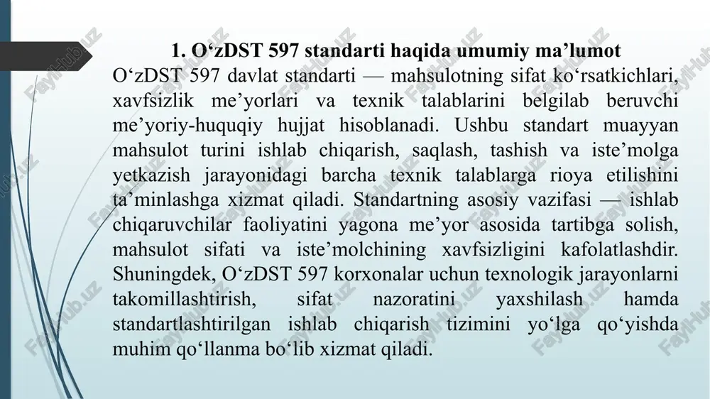 an bo‘lib, u tizimli ravishda qo‘llanganda mahsulot sifati sezilarli darajada yaxshilanadi. 3. standartga amal qilish tartibi va nazorat mexanizmlari o‘zdst 597 standartiga amal qilish korxonalarda muayyan tartib asosida joriy qilinadi. avvalo, ishlab chiqaruvchi korxona texnologik jarayonlarini ushbu standart talablari bilan solishtirib, zarur bo‘lsa, ishlab chiqarish tizimini qayta tashkil etadi. standartga muvofiqlikni ta’minlash uchun mahsulot namunalarini muntazam laboratoriya tahlillaridan o‘tkazish, xom ashyo sifatini doimiy nazorat qilish va ishlab chiqarish bosqichlarida texnik kuzatuv olib borish talab qilinadi. shuningdek, korxonalar mahsulotni sertifikatlashtirish jarayonidan o‘tadi. sertifikat mahsulotning o‘zdst 597 talablariga to‘liq javob berishini tasdiqlaydi. nazorat davlat inspeksiyasi, sifat markazlari va mustaqil ekspertlar tomonidan amalga oshiriladi. ular korxonalarni rejali va rejadan tashqari tekshiruvdan o‘tkazishi mumkin. agar kamchiliklar aniqlansa, korxona ularni bartaraf etmaguncha mahsulot ishlab chiqarish yoki sotish vaqtincha to‘xtatiladi. bu mexanizm sifatni barqaror ushlab turish va iste’molchilarning xavfsizligini ta’minlashga xizmat qiladi. 4. o‘zdst 597 standartining amaliy ahamiyati o‘zdst 597 standartining amaliy ahamiyati juda katta bo‘lib, …