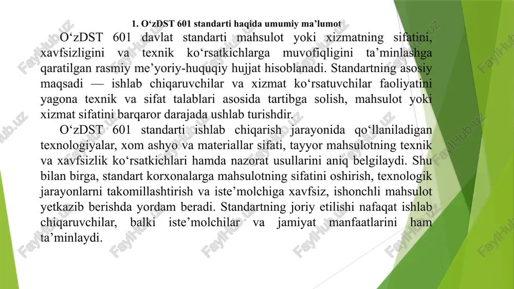 tini tartibga solish, sifat nazoratini kuchaytirish va iste’molchilar huquqlarini himoya qilishga qaratilgan bo‘lib, u tizimli va to‘liq amalga oshirilganda mahsulot sifatini sezilarli darajada oshiradi. 3. standartga amal qilish tartibi va nazorat mexanizmlari o‘zdst 601 standartiga amal qilish jarayoni korxonalarda tizimli ravishda tashkil etiladi. avvalo, ishlab chiqaruvchi korxona mavjud texnologik jarayonlarini standart talablari bilan solishtiradi va zarur bo‘lsa, ishlab chiqarish tizimini qayta tashkil qiladi. mahsulot sifatini ta’minlash uchun xom ashyo va materiallarning sifati muntazam nazorat qilinadi, tayyor mahsulot namunalarini laboratoriya tahlillaridan o‘tkazish talab etiladi. shuningdek, ishlab chiqarish jarayonining har bir bosqichi doimiy ravishda texnik kuzatuv va sifat nazorati ostida bo‘ladi. standartga muvofiqlikni tasdiqlash jarayoni sertifikatlashtirish orqali amalga oshiriladi. sertifikat mahsulot yoki xizmat o‘zdst 601 talablariga to‘liq javob berishini ko‘rsatadi. nazorat davlat inspeksiyalari, sifat markazlari va mustaqil ekspertlar tomonidan amalga oshiriladi. rejali va rejadan tashqari tekshiruvlar davomida aniqlangan kamchiliklar bartaraf etilmaguncha mahsulot ishlab chiqarish yoki sotish vaqtincha to‘xtatiladi. bu mexanizm ishlab chiqarish …