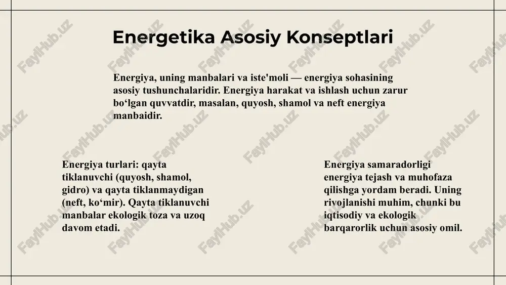 ka bilan chambarchas bog'langan bo'lib, ular rivojlanish uchun muhim ahamiyatga ega. energetika rivojlanishining kelajagi yashil energiya va strategiyalar energetika rivojlanishining kelajagi barqaror rivojlanishga qaratilgan. yashil energiya manbalari, masalan, quyosh va shamol energiyasi, ekologik muvozanatni saqlashda muhimdir. innovatsiyalar va texnologik yutuqlar orqali energiya samaradorligi oshiriladi. kelajakdagi energetika siyosati va strategiyalari yashil energiya rivojlanishini qo‘llab-quvvatlashga qaratilgan bo‘lishi kerak. davlatlar va xususiy sektorlar o‘rtasida hamkorlik, yangi texnologiyalarni joriy etish va ekologik standartlarni kuchaytirish muhimdir. bu bilan energiya manbalarining barqarorligi ta‘minlanadi. xulosa energetika sohasining asosiy tushunchalari va uning iqtisodiyotdagi roli qisqacha yoritildi. yashil energiya manbalarining rivojlanishi va innovatsion texnologiyalar kelajakda muhim ahamiyat kasb etadi. energetika xavfsizligi, barqarorlik va siyosiy strategiyalar energiya sohasining muhim elementlari sifatida ta'kidlandi. ijtimoiy va iqtisodiy ta'sirlar, shuningdek, kelajakdagi rivojlanish yo'nalishlari muhokama qilindi. barqaror rivojlanish uchun energiya samaradorligini oshirish va ekologik toza texnologiyalarni joriy etish muhimdir. bu yo'nalishlar energetika sohasining kelajakdagi muvaffaqiyatining asosidir. foydalanilgan adabiyotlar 1. akbarov, s. energetika xavfsizligi va …