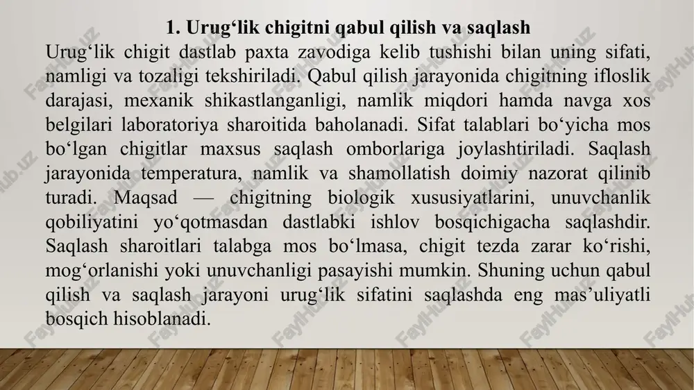 ga yoki keyingi ishlov bosqichiga tayyor holga keladi. bu bosqich urug‘ning uzoq muddat sifatini saqlashi va ekishga tayyor bo‘lishini ta’minlaydi. 4. saralash, paketlash va eksportga tayyorlash quritish va tozalashdan o‘tgan urug‘lik chigit maxsus saralash mashinalari orqali yana bir bor tekshiriladi. bu jarayonda chigit navlar bo‘yicha, o‘lchamiga ko‘ra, hamda sifati bo‘yicha mukammal ajratiladi. saralangan chigitlar talab qilinadigan tozalik va unuvchanlik me’yorlariga to‘liq javob berishi kerak. keyingi bosqich — paketlash. chigit maxsus mato yoki qop qutilariga solinadi, har bir qopda chigitning navi, og‘irligi, ishlab chiqarilgan joyi, laboratoriya ko‘rsatkichlari aks ettiriladi. to‘g‘ri paketlash chigitning tashish vaqtida shikastlanmasligi va sifatining o‘zgarmasligini ta’minlaydi. agar chigit eksport yoki katta ishlab chiqarish maydonlariga jo‘natiladigan bo‘lsa, qo‘shimcha sifat nazorati ham o‘tkaziladi. sertifikatlash jarayoni bajariladi, sanitariya va fitosanitariya talablariga rioya qilinadi. shundan so‘ng chigit mamlakat ichkarisida yoki tashqi bozorga yuborishga tayyor bo‘ladi. bu bosqichlar texnologik reglamentga qat’iy rioya qilingan holda amalga oshirilsa, urug‘lik chigitning sifati yuqori bo‘ladi va hosildorlikni …