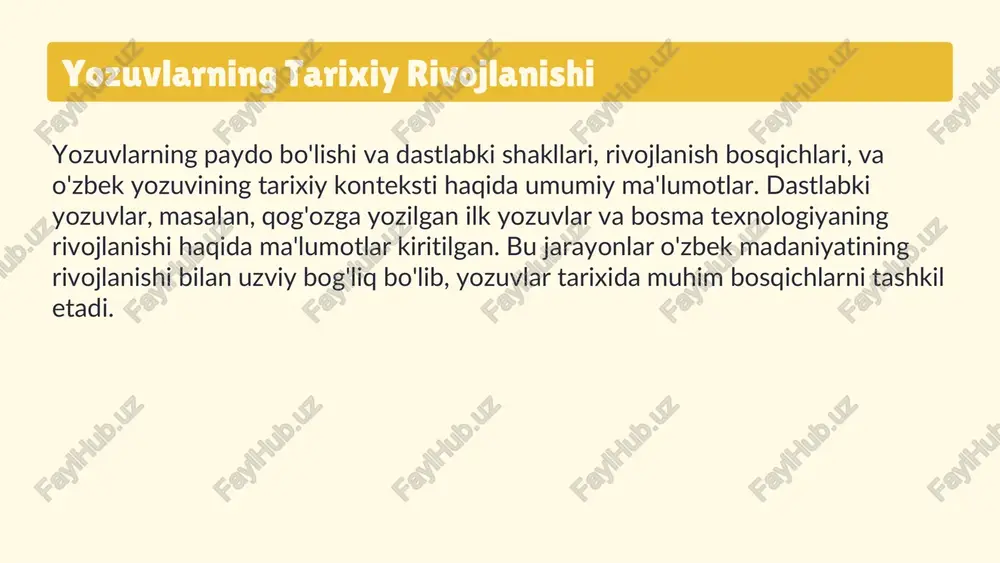 bilan birga, xalqaro hamjamiyat bilan muloqotni soddalashtiradi. 1 2 yozuv tarixining jamiyatga ta’siri yozuv ijtimoiy rivojlanishda muhim rol o'ynaydi, axborot almashinuvi, huquq va normalar asosida ijtimoiy tartibni ta'minlaydi. bu orqali madaniyat va an'analarning saqlanishi va uzatilishi mumkin bo'ladi. yozuv madaniyatning keng tarqalishiga yordam beradi, an'analarning saqlanishi va tarqalishini ta'minlaydi. ta'lim va bilim uzatishda yozuv muhim bo'lib, insonlarning rivojlanishiga katta ta'sir ko'rsatadi. 1 2 3 yozuv va madaniyat o’rtasidagi aloqa yozuv madaniy merosning saqlanishida muhim rol o’ynaydi. u xalqning tarixi, an'analari va urf-odatlarini yozib boradi va kelajak avlodlarga o'tkazadi. yozuv va san’at o’rtasida chuqur o’zaro ta’sirlar mavjud. masalan, bayramlar, diniy marosımlar va adabiy asarlar yozuv orqali ifodalanadi, bu esa san’at va madaniyat rivojiga turtki bo’ladi. milliy identitetning shakllanishida yozuv muhim omil hisoblanadi. u milliy til va madaniyatni mustahkamlashda, o’ziga xoslikni saqlashda asosiy vositadir. photo by engin akyurt on unsplash https://unsplash.com/@enginakyurt?utm_source=ai_slide_maker&utm_medium=referral https://unsplash.com/photos/multi-colored-pencil-on-white-background-ste5honyfhm?utm_source=ai_slide_maker&utm_medium=referral yozuv tarixi va ijtimoiy o’zgarishlar yozuvlar ijtimoiy o'zgarishlarga katta ta'sir …