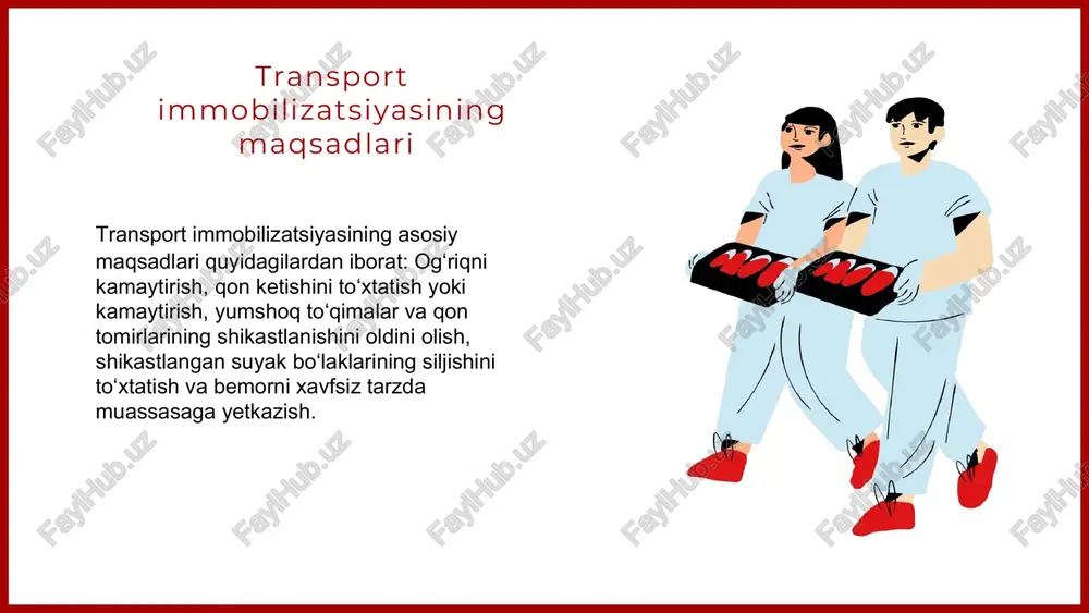 i har bir immobilizatsiya turining qo'llanilishi va afzalliklari shartli (oddiy) immobilizatsiya maxsus vositalar bo'lmaganda qo‘l ostidagi buyumlar yordamida, standart (maxsus) immobilizatsiya esa tayyor shinlar va pnevmatik vositalar yordamida amalga oshiriladi. bu usullar shikastlangan bemorni xavfsiz tarzda davolash muassasasiga yetkazishjarayoni transportda bemor harakatdan saqlanadi, shina bilan to‘g‘ri fiksatsiya qilinadi. kiyim ochib, yumshoq mato qo‘yiladi. bemor ehtiyotkorlik bilan, ehtiyotkorlik bilan tashiladi, shikastlanishlarni oldini oladi. joyniharakatdansaqlashgayordamberadi. transport immobilizatsiyasi vositalari kramer shinalari simdan tayyorlangan ko‘p maqsadli shinalar, shikastlangan joyni harakatdan saqlash uchun ishlatiladi. diterix va elyar shinalari diterix oyoqlar uchun, elyar qo‘l va oyoqlar uchun,havobilanto‘ldiriladiganva improvizatsion vositalar yordamida tayyorlanadi. standart immobilizatsiya vositalari ushbu slaydda maxsus shinlar va pnevmatik yoki vakuumli immobilizatorlar haqida ma'lumot beriladi. ularning afzalliklari, kamchiliklari va qaysi vaziyatlarda tanlanishi kerakligi ko‘rsatiladi. maxsus shinlar va pnevmatik immobilizatorlar tibbiyotda qo‘llaniladigan shinlar, ularning yordamida shikastlangan joylarni qattiq fiksatsiya qilish va xavfsizlikni ta'minlash mumkin. afzalliklar va qollash vaziyatlari ular tez va qulay, xavfsiz bo‘lib, turli shikastlanishlarda …