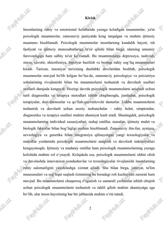 ng yanada og’ir shakllaridir. shizofreniya odatda halokatli tushuncha va qaysar simptomlar bilan ifodalanadi, bu esa insonning fikrlash va his qilish jarayonlariga ta’sir qiladi. bipolyar buzilish esa kayfiyatning keskin o’zgarishlari bilan xarakterlanadi, inson bir vaqtning o’zida juda ko’p energiya bilan harakatda bo’lib, keyin esa juda passiv holatda bo’lishi mumkin. bunday muammolar insonlarning ijtimoiy faoliyatini va shaxsiy hayotini buzishi mumkin. psixologik muammolarni aniqlashda simptomlar juda muhim ahamiyatga ega. simptomlar insonning emotsional va ruhiy holatini ifodalovchi belgilardir va ular muammoning darajasini va turini aniqlashda yordam beradi. masalan, depressiya bilan bog’liq simptomlar orasida kayfiyatning pasayishi, qiziqishning yo’qolishi, 3 uyqusizlik yoki ortiqcha uyqu, o’limga oid fikrlar va energiyaning kamayishi bo’lishi mumkin. tashvish va stressda esa, asabiylik, tishlash, qattiq yurak urishi, qattiq bezovtalik va qattiq xavotirlar kuzatiladi. diagnostika jarayonida shuningdek, insonning psixologik muammolari qanday bosqichda ekanligini aniqlash uchun turli metodlar, jumladan, intervyular, standartlashtirilgan testlar va klinik baholashlar qo’llaniladi. psixologik muammolarni davolash uchun turli metodlar mavjud. terapiya …