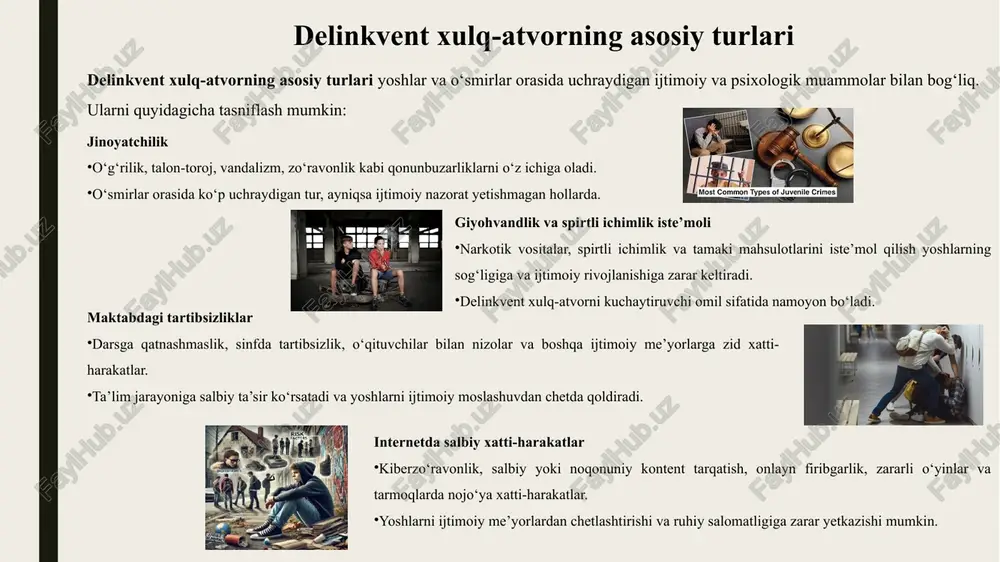 yatchilik yoki salbiy faoliyatga yo‘naltirishi mumkin. resurslarning yetishmasligi: sport, san’at yoki ijobiy mashg‘ulotlarga imkoniyat yetishmasligi yoshlarni noto‘g‘ri guruhlarga jalb qiladi. o‘smirlar orasida delinkvent xulq-atvor belgilari o‘smirlar orasida delinkvent xulq-atvor belgilari – bu yoshlarning salbiy xatti-harakatlarini aniqlashga yordam beruvchi ko‘rsatkichlar. ular yoshlarning ijtimoiy me’yorlarga moslashuvini baholashda muhim hisoblanadi. 1. tartibsizlik va uyatsizlik o‘smirlar qoidalarga rioya qilmasligi, tartibsizligi va mas’uliyatni his qilmasligi. uyda yoki maktabda odatdagi tartib-qoidalarga zid harakatlar, odob-axloq qoidalariga e’tiborsizlik. bu belgi yoshlarning shaxsiy intizomi va ijtimoiy mas’uliyatining pastligini ko‘rsatadi. 2. jinoyatchilik va agressiya zo‘ravonlik, o‘g‘rilik, talon-toroj yoki vandalizm kabi jinoyatchilik xatti-harakatlar. tengdoshlar, oila a’zolari yoki kattalarga nisbatan agressiv munosabat. bu yoshlarning ijtimoiy normalar va qonunlarga hurmatsizligini bildiradi. 3. o‘quvda past natijalar darslarga qatnashmaslik, uy vazifalarini bajarmaslik, bilim darajasining pasayishi. ta’lim jarayoniga befarqlik yoshlarning kelajakdagi ijtimoiy moslashuvini zaiflashtiradi. past natijalar ko‘pincha boshqa salbiy xulq-atvor bilan birga uchraydi. 4. yolg‘izlik yoki ijtimoiy izolyatsiya tengdoshlar bilan aloqada bo‘lmaslik, ijtimoiy faollikning pasayishi. o‘zini …