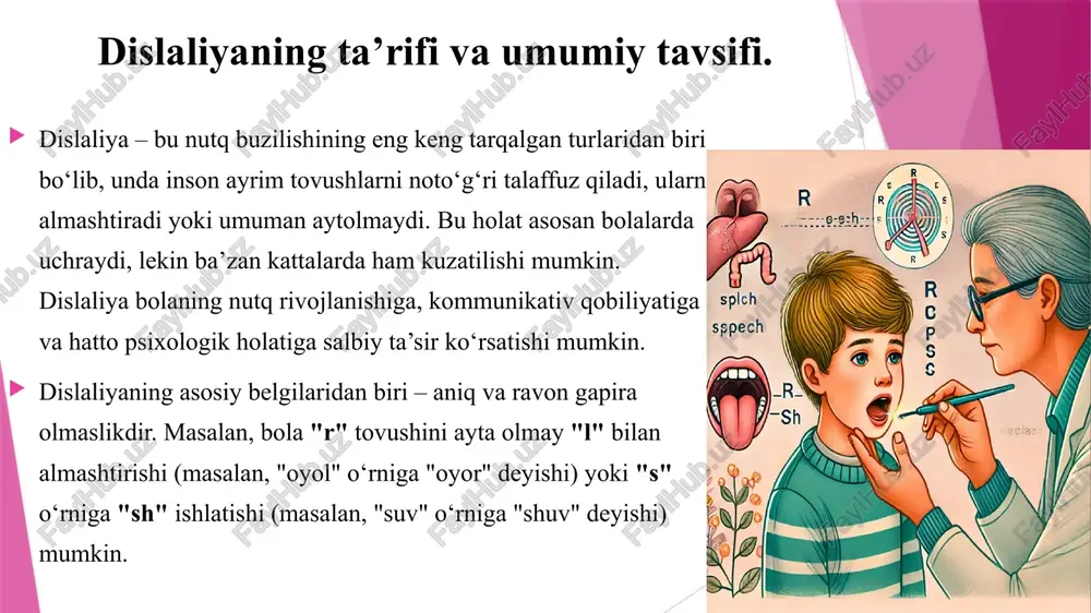 malarni farqlash qobiliyatining rivojlanmaganligi bilan bog‘liq. bola tovushlarni eshitsa ham, ularni to‘g‘ri talaffuz qila olmaydi. xususiyatlari: bola tovushlarni chalkashtiradi yoki ularni noto‘g‘ri o‘rinlarda ishlatadi. ba’zan tovushlarni tushirib qoldirish yoki o‘zgartirish kuzatiladi. logopedik mashg‘ulotlar orqali tuzatish mumkin. 4. artikulyatsion-fonematik dislaliya bu turdagi dislaliya nutq a’zolarining noto‘g‘ri harakatlanishi natijasida paydo bo‘ladi. masalan, til yoki lablar tovush hosil qilish jarayonida to‘g‘ri joylashmaydi. xususiyatlari: bola harakat muvofiqlashtira olmaydi, shuning uchun tovushlarni noto‘g‘ri chiqaradi. logopedik mashg‘ulotlar va artikulyatsion gimnastika yordamida bartaraf etish mumkin. 5. tovushlarning noto‘g‘ri talaffuzi bo‘yicha tasnif dislaliya alohida tovushlarga ta’sir qilishiga qarab, quyidagi turlarga bo‘linadi: sigmatizm – "s", "z", "sh", "j" tovushlarining noto‘g‘ri talaffuzi. rotatsizm – "r" tovushining noto‘g‘ri yoki umuman aytilmasligi. lambdatsizm – "l" tovushining buzilishi. kappatsizm – "k", "g" tovushlarining buzilishi. gammatsizm – "g" va "h" tovushlarining noto‘g‘ri talaffuzi. challatizm – "ch", "j", "ts" tovushlarining buzilishi. dislaliyaning kelib chiqish sabablari. dislaliya – og‘zaki nutqda ayrim tovushlarning noto‘g‘ri talaffuz qilinishi bilan …