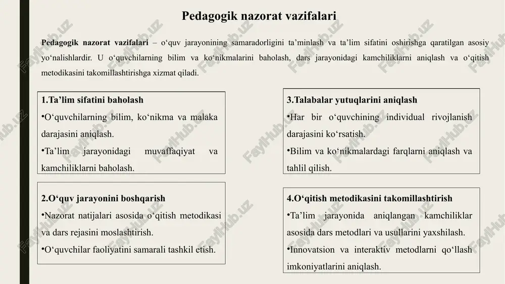 malakalarini baholash va boshqarishning turli usullarini ifodalaydi. 1.diagnostik nazorat – o‘quv jarayonining boshlanishida o‘quvchilarning bilim va ko‘nikma darajasini aniqlashga xizmat qiladi. maqsad: boshlang‘ich bilimlarni aniqlash va o‘qitish strategiyasini tanlash. 2.formativ (jarayoniy) nazorat – ta’lim jarayoni davomida o‘quvchilar bilimini doimiy tekshirish. maqsad: dars jarayonini boshqarish, xatolarni aniqlash va ularni tuzatish. 3.sumativ (yakuniy) nazorat – ta’limning muayyan bosqichi yoki kurs yakunida o‘quv natijalarini baholash. misol: testlar, imtihonlar, yakuniy ishlar. diagnostik nazorat formativ (jarayoniy) nazorat sumativ (yakuniy) nazorat diagnostik nazorat – ta’lim jarayonining boshlanishida o‘quvchilarning bilim, ko‘nikma va malaka darajasini aniqlashga qaratilgan nazorat turidir. formativ (jarayoniy) nazorat – ta’lim jarayoni davomida o‘quvchilarning bilim, ko‘nikma va malakalarini doimiy ravishda tekshirish va baholashga qaratilgan nazorat turidir. sumativ (yakuniy) nazorat – ta’limning muayyan bosqichi yoki kurs yakunida o‘quvchilarning bilim, ko‘nikma va malakalarini baholashga qaratilgan nazorat turidir. maqsadlari: o‘quvchilarning boshlang‘ich bilim darajasini aniqlash ta’lim jarayonini samarali rejalashtirish o‘qitish strategiyasini tanlash va individual yondashuvni belgilash xususiyatlari: ta’lim jarayonining …