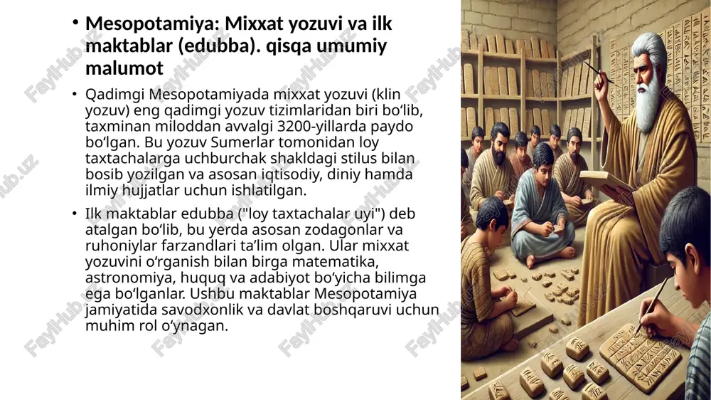 ar orqali bilim avloddan-avlodga yetkazilgan. ustoz-shogird tizimi – hunarmandchilik, san’at va fan sohalarida ustozlar tajribalarini shogirdlarga. ustoz-shogird tizimi – hunarmandchilik, san’at va fan sohalarida ustozlar tajribalarini shogirdlarga o‘rgatgan. qo‘lyozma va kitoblar – qadimgi papirus, pergament, qog‘oz va qo‘lyozmalar orqali bilim saqlangan va tarqatilgan. bozor va jamoat yig‘inlari – ommaviy joylarda yangiliklar, tajribalar va bilimlar almashinilgan. sayohatchilar va savdogarlar – boshqa o‘lkalarga borib, u yerdagi bilim va tajribalarni o‘z yurtiga olib kelganlar. qadimgi g‘arbda savodxonlik qadimgi yunoniston: alfavitning rivojlanishi va maktab tizimi alfavitning rivojlanishi-qadimgi yunonlar o‘z yozuv tizimini finikiy alfavitidan o‘zlashtirib, miloddan avvalgi ix-viii asrlarda uni takomillashtirdilar. ular unli harflarni qo‘shib, yozuvni qulaylashtirdilar. bu alfavit keyinchalik lotin va kirill yozuvlariga asos bo‘ldi. maktab tizimi yunonistonda ta’lim asosan boy oilalar farzandlari uchun mo‘ljallangan edi. uch asosiy bosqich mavjud edi: grammatist – o‘quvchilar yozish, o‘qish va arifmetikani o‘rgangan. kifarist – musiqa, she’riyat va axloqiy tarbiya o‘rgatilgan. palestra – jismoniy tarbiya va harbiy tayyorgarlikka …