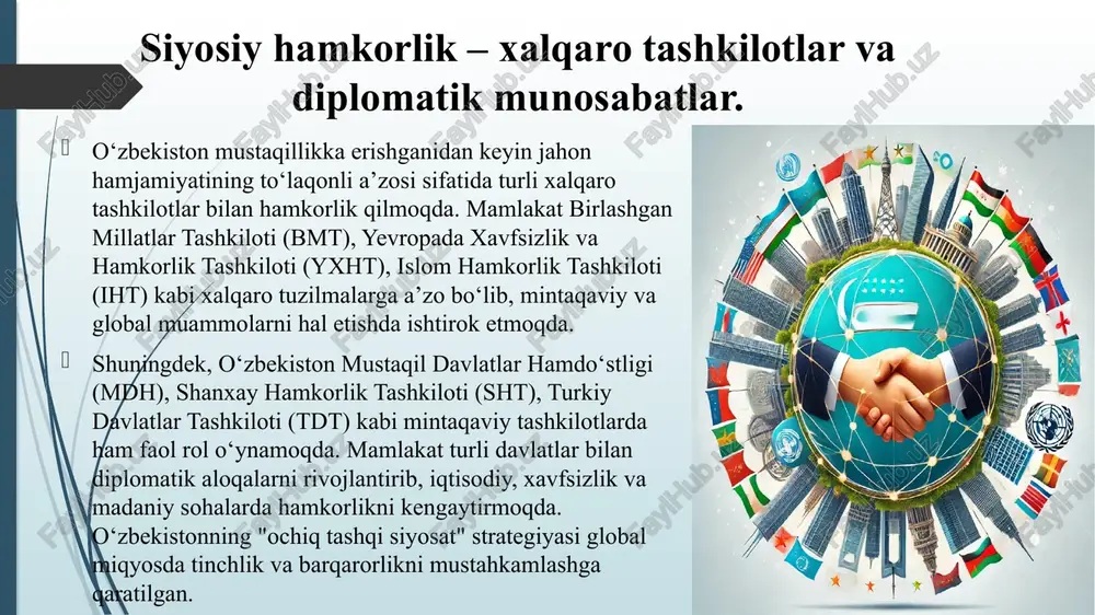 r, qurg‘oqchilik) atmosferaga issiqxona gazlarining ko‘payishi atmosfera va suvning ifloslanishi havoga zararli gazlarning chiqarilishi (co₂, no₂, so₂) ozon qatlamining yemirilishi daryolar va okeanlarning neft mahsulotlari va plastmassa bilan ifloslanishi ichimlik suvi resurslarining kamayishi atrof-muhitni muhofaza qilish bo‘yicha xalqaro tashabbuslar. xalqaro ekologik konvensiyalar va bitimlar bmtning iqlim o‘zgarishi bo‘yicha parij kelishuvi (2015) – global isishni 1,5-2°c darajada ushlab turish maqsadida imzolangan kioto protokoli (1997) – issiqxona gazlarini kamaytirishga qaratilgan bioxilma-xillik bo‘yicha konventsiya (cbd, 1992) – tabiiy ekotizimlarni saqlashga qaratilgan. atrof-muhitni muhofaza qilish bo‘yicha tashkilotlar bmtning atrof-muhit dasturi (unep) – global ekologik muammolarni hal etish jahon yovvoyi tabiat jamg‘armasi (wwf) – hayvon va o‘simlik turlarini saqlash yashil iqlim jamg‘armasi (gcf) – rivojlanayotgan davlatlarga ekologik loyihalar uchun mablag‘ ajratish greenpeace – ekologik harakatlarni qo‘llab-quvvatlovchi nodavlat tashkilot. ekologik muammolarni hal qilish bo‘yicha yechimlar yashil energiyaga o‘tish (quyosh, shamol, gidroenergetika) plastmassa chiqindilarini kamaytirish va qayta ishlash o‘rmonlarni tiklash va ko‘kalamzorlashtirish uglerod chiqindilarini kamaytirish uchun yangi …