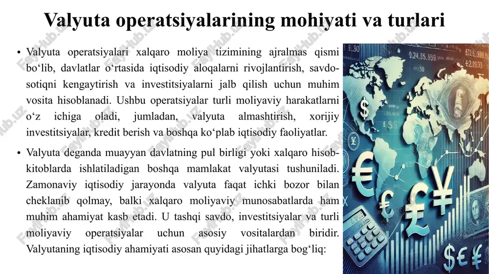 arayonida yuzaga keladi. hisob-kitoblarning aniq yuritilishi valyuta mablag‘larini to‘g‘ri boshqarish va kurs farqlaridan kelib chiqadigan moliyaviy risklarni kamaytirishga yordam beradi. valyuta mablag‘larining hisobga olinishi va qayd etilishi korxona yoki tashkilot chet el valyutasida mablag‘larga ega bo‘lsa, bu mablag‘lar alohida hisoblarda yuritiladi. valyuta operatsiyalari hisobga olinayotganda asosiy e’tibor quyidagi jihatlarga qaratiladi: valyuta hisobvaraqlari – korxonalar tijorat banklarida milliy valyutadan tashqari chet el valyutalarida ham hisob raqamlariga ega bo‘lishi mumkin. ushbu hisoblar orqali xalqaro to‘lovlar amalga oshiriladi. valyuta tushumlari – eksport faoliyati natijasida xorijiy valyutada tushumlar kelib tushadi. bu mablag‘lar dastlab hisobvaraqlarda aks ettiriladi va milliy valyutaga o‘tkazilishi mumkin. to‘lov va xarajatlar – import qilinadigan mahsulotlar uchun xorijiy hamkorlarga valyutada to‘lov amalga oshiriladi. bunday to‘lovlar hisobvaraqlardan chiqariladi va tegishli buxgalteriya yozuvlari kiritiladi. valyuta operatsiyalarini qayd etish – barcha operatsiyalar dastlab milliy valyutada qayd etiladi. agar operatsiya xorijiy valyutada bo‘lsa, u markaziy bankning amaldagi kursi bo‘yicha hisob-kitob qilinadi. valyuta operatsiyalarida hisob-kitob va konversiya …