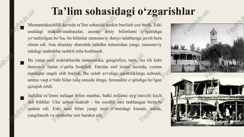 ni birlashtiruvchi muhim ijtimoiy va madaniy markazlar bo‘lib qolgan. milliy uyg‘onish harakati jadidchilik harakati o‘zining ilmi, ma’rifati va yangiliklariga asoslanib, millatni uyg‘otish va ilmga da’vat etishga intildi. jadidlar faqat diniy ta’lim bilan cheklanib qolmay, ilm-fan, madaniyat va siyosat sohalarida ham yangiliklar yaratdilar. bu harakatning markazida milliy o‘zlikni tiklash, xalqni taraqqiyotga yetaklash g‘oyalari yotardi. jadidlar madaniyat orqali siyosiy mustaqillik va erkinlik g‘oyalarini tarqatishda davom etdilar. usmon nosir, fitrat, behbudiy kabi ilg‘or ziyolilar bu jarayonda katta rol o‘ynadilar. ular adabiyot, san’at, matbuot va ta’lim orqali millatning uyg‘onishini, yangi fikrlarni jamoat orasida yoyishni maqsad qilib qo‘yishdi. madaniyat va ta’lim, jadidlarning ta’limotlari orqali, xalqni o‘zligi va milliy istiqlol yo‘lida birlashtirishga xizmat qildi. bu harakat nafaqat ma’rifatni oshirish, balki siyosiy va ijtimoiy o‘zgarishlar uchun ham tayyor zamin yaratdi. xulosa mustamlakachilik davri turkiston o‘lkasi uchun juda murakkab va qarama-qarshi jarayonlarni o‘z ichiga olgan bir davr bo‘ldi. rossiya imperiyasining bosib olishi, mahalliy xalqning siyosiy erkinliklarini cheklab, madaniy, …