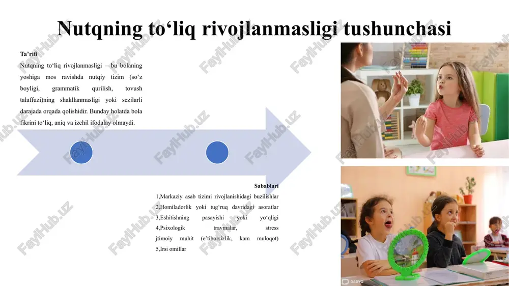 bolaning nutqni qurish va yaratish qobiliyatini tekshiradi. rasm asosida hikoya qilishda bola tasvirga asoslanib, voqeani yoki uning mohiyatini tushunib, ifodalashi kerak. bu usul quyidagi nuqtalarda foydalidir: mantiqiy fikrlash: bola rasmni kuzatib, voqeani mantiqan qanday tartibda bayon qiladi? o‘tmish, hozirgi va kelajak vaqtlarini ajrata olishadimi? nutqning struktura va sintaksisi: bola rasmga asoslangan jumlalar tuzish qobiliyatini qanday ko‘rsatadi? u turli xil jumlalarni (masalan, qisqa, uzun, murakkab) tuzish va to‘g‘ri ifodalashda qanchalik muvaffaqiyatli? so‘z tanlash va boyligi: bola rasmni tasvirlashda qanday so‘zlardan foydalanadi? oddiy so‘zlarni yoki murakkab tasviriy so‘zlarni ishlatadimi? 3. ovoz va tovushlarni aytish (artikulyatsiya tekshiruvi) nutqning fonetik jihatlari va to‘g‘ri talaffuz qilish bolalar nutqini rivojlantirishda muhim ahamiyatga ega. ushbu tekshirish usuli orqali: tovushlarni aniq talaffuz qilish: boladan turli tovushlarni (masalan, “s”, “sh”, “z” va boshqalar) aniq va to‘g‘ri aytishini so‘rash. ba'zi bolalarda tovushlar noto‘g‘ri talaffuz qilinishi mumkin, bu esa ularning nutqidagi muammolarni ko‘rsatadi. artikulyatsiya: bola tovushlarni qanday qilib aniq va to‘g‘ri …