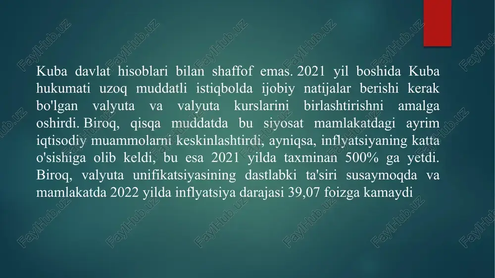 yuqori salohiyat; - qishloq xo'jaligi, savdo, umumiy ovqatlanish va qurilishning xususiy va kooperativ xususiy sektorini ochish (200 dan ortiq hunarmandchilik); - malakali va arzon ishchi kuchi; - sifatli tibbiyot va ta'lim sohalari; - nisbatan yaxshi ijtimoiy ko'rsatkichlar; - jinoyatchilikning pastligi va korrupsiyaga qarshi faol kurash. zaif nuqtalar kuba iqtisodiyotining to'g'ridan-to'g'ri investitsiyalarni jalb qilish bo'yicha zaif tomonlari quyidagilardir: - tashqi zaifliklar (iqlim, tovar narxlari, venesuela yordami); - davlat sektori va qishloq xo'jaligining past mahsuldorligi; - kam investitsiyalar va yomon infratuzilma; - juda og'ir ma'muriy tartib-qoidalar va juda so'nggi savdo qoidalari; – ulgurji savdo, kredit, tashqi savdo va xorijiy sarmoyalar ustidan davlat nazorati; - tashqi moliyalashtirish imkoniyatlarining qisqarishi; – konvertatsiya kursi va iktisodiy voqelik ortasidagi masofa, bu iqtisodiyotning dualizmi, qora bozor, ratsion iqtisodiyoti va norasmiy sektorni saqlab turadi; - statistik shaffoflikning yo'qligi. to'g'ridan-to'g'ri investitsiyalarni rag'batlantirish yoki cheklash bo'yicha hukumat choralari aqsh va kuba o'rtasidagi diplomatik munosabatlarning erishi kommunistik orolda yanada liberal iqtisodiyotga …