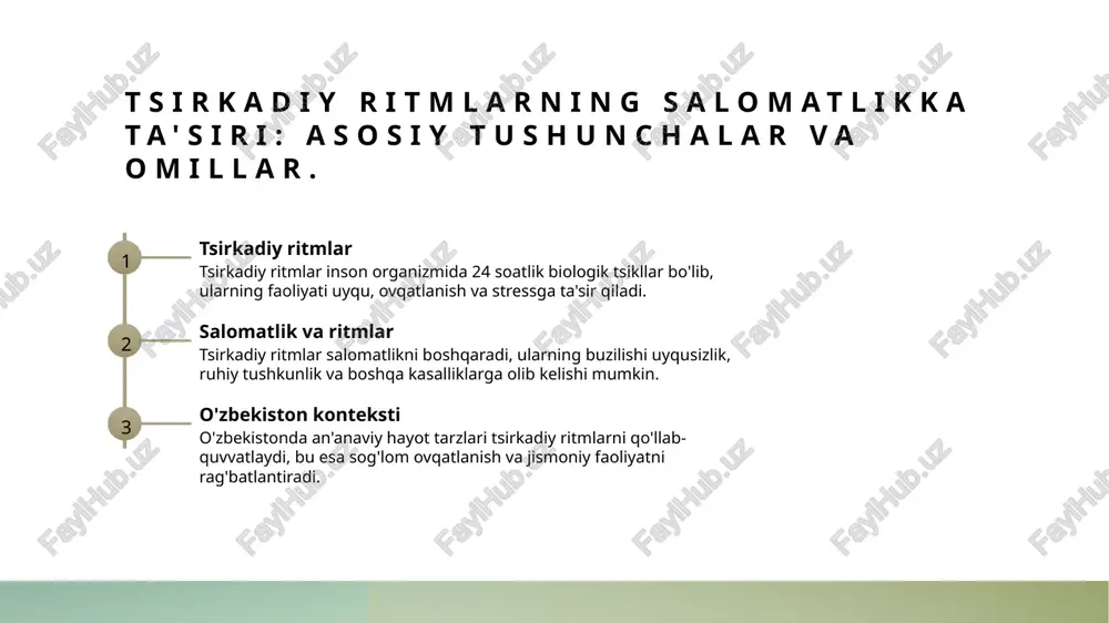 ilan bog'liqdir. 2 ijtimoiy faoliyat - o'zbek mahallalarida ijtimoiy hayot tsirkadiy ritmlar bilan bog'liq. masalan, odatlar, to'ylar va shodliklar, odamlarning biologik tsikllariga mos keladi. 3 sog'lom odatlar - hayot ritmlari sog'lom turmush tarzini shakllantiradi. o'zbek milliy taomlari va dam olish vaqtlari, salomatlikni saqlashda muhim rol o'ynaydi. sog'lom ovqatlanish va o'zbekiston madaniyati: ritmlar o'rtasidagi bog'lanish. 1 sog'lom ovqatlanish sog'lom ovqatlanish o'zbekiston madaniyatida muhim o'rin egallaydi. mahalliy oziq-ovqatlar, masalan, non, sabzavotlar va go'sht, sog'liq uchun zarur. 2 oziq-ovqat ritmlari o'zbek xalqining oziq-ovqat ritmlari kundalik hayotga moslashgan. masalan, nonushta, tushlik va kechki ovqat vaqtida turli ovqatlar iste'mol qilinadi. 3 madaniy ta'sirlar o'zbekiston madaniyatida an'anaviy ovqatlanish usullari, masalan, osh va plov tayyorlash, sog'lom ovqatlanishga ijobiy ta'sir ko'rsatadi. o'zbek tilidagi maqollar va ularning hayotiy ritmlarga ta'siri. 1 maqollar va ritmlar o'zbek tilidagi maqollar hayotiy ritmlarni ifodalaydi, ularda biologik va ijtimoiy tsikllar haqida muhim ma'lumotlar mavjud. ular xalqning tajribasini aks ettiradi. 2 hayotiy tajribalar maqollar xalqning …