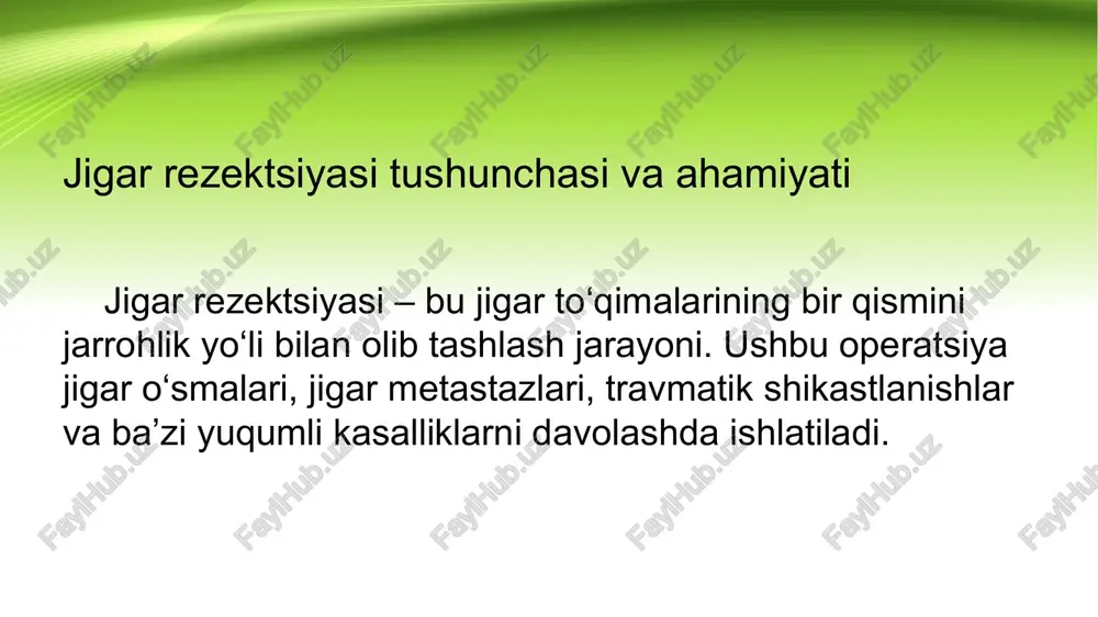 ohlik amaliyoti bo‘lib, u turli kasalliklarni davolashda qo‘llaniladi. operatsiyadan keyingi tiklanish uchun maxsus parhez va dori terapiyasi talab qilinadi. zamonaviy texnologiyalar ushbu jarrohlik amaliyotlarini xavfsiz va samarali bajarishga yordam bermoqda. image1.jpeg image3.jpeg image4.jpeg image5.jpeg image2.jpeg /docprops/thumbnail.jpeg