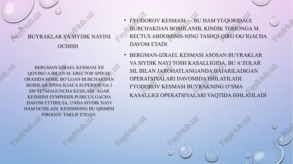 a siydik pufagining oldingi devoriga qarab amalga oshiriladi. siydik chiqarib olinganidan so‘ng qovuqning oldingi devori 1,5—2 sm uzunlikdagi ikkita tutqich orasidan kesiladi. siydik pufagiga yo‘g‘on rezina kateteri kiritilib, uning atrofi kiset chok bilan qovuq devoriga tikib qo‘yiladi. siydik pufagining oldingi devori to‘g‘ri muskulga fiksatsiyalanadi va yarani qavatma-qavat tikiladi. 4. siydik pufagini yuqori kesish ko‘rsatilgan holatlar: siydik pufagidagi toshlar, o‘smalar, yot narsalar, prostata beziga tushish. og‘riqsizlantirish: mahalliy va niqob-apparatli narkoz. siydik pufagiga tushish va uni ochish tsistotomiyadagidek. siydik pufagi bo‘shatilganidan so‘ng o‘sma yoki tosh olib tashlanadi. yoki ko‘rsatmaga binoan prostata bezidagi muolajalar bajariladi. agar yiringli jarayon bo‘lsa, drenaj qo‘yiladi, agar yara toza bo‘lsa, qavatma- qavat tikiladi. siydik pufagi devori tikilayotganda siydik pufagida tosh hosil bo‘lishi profilaktikasi uchun uning shilliq qavati chokka olinmay tikiladi epispadiy epispadiya (yoriq) — siydik chiqarish kanalining tugʻma nuqsoni. koʻproq erkaklar, baʼzan ayollarda uchraydi. bunda siydik chiqarish kanalining tashqi teshigi olat boshchasida, olat sirtining turli joyida yoki qov …