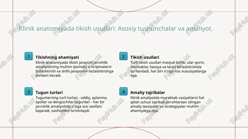 h texnikasi kuch va elastiklikni saqlash uchun zarur. u jarrohlik amaliyotlarida mushaklarning to'g'ri funksiyasini ta'minlash uchun qo'llaniladi. 3 fassiya tikish usullari fassiya tikish jarayoni yaralar va jarohatlarni tezda tiklashga yordam beradi. u to'qimalarning birlashishini va qo'shimcha qo'llab-quvvatlashni ta'minlaydi. oddiy tugunlar: tikish jarayonida qo'llanilishi va afzalliklari. 1 oddiy tugunlar haqida oddiy tugunlar, tikish jarayonida eng ko'p ishlatiladigan tugunlardir. ular tez va oson bog'lanishi bilan mashhur bo'lib, ko'plab jarrohlik amaliyotlarida qo'llaniladi. 2 qo'llanilishi oddiy tugunlar, odatda, teri, mushak va fassiya qatlamlarida joylashuvni ta'minlash uchun ishlatiladi. ular tikish jarayonida kuchli va ishonchli bog'lanish yaratadi. 3 afzalliklari oddiy tugunlar oson bog'lanishi va tez yechilishi bilan ajralib turadi. ular jarrohlarga va shifokorlarga tezda harakat qilish imkonini beradi, shuning uchun samarali va xavfsizdir. aylanma tugunlar: xususiyatlari va jarrohlik amaliyotidagi o'rni. 01 aylanma tugunlar aylanma tugunlar, jarrohlik amaliyotida keng qo'llaniladigan tugun turlaridan biridir. ular mustahkamlik va ishonchlilikni ta'minlaydi, bu esa jarrohlik jarayonlarini osonlashtiradi. 02 xususiyatlari aylanma tugunlar, …