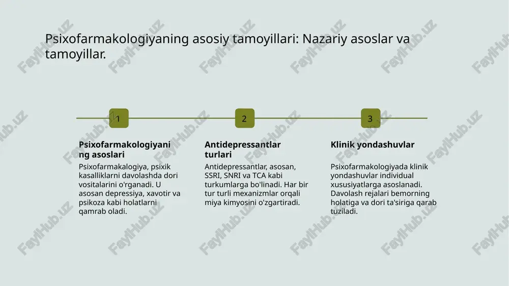 iq. an'anaviy e'tiqodlar stress va depressiyani tan olishni qiyinlashtiradi. 2 ijtimoiy bosim ijtimoiy bosim, oilaviy kutishlar va jamiyatdagi rollar depressiya rivojlanishiga olib kelishi mumkin. bu muammolar ko'pincha insonni yolg'iz his qiladi. 3 ta'lim va axborot o'zbekistonda depressiya haqidagi bilimlar cheklangan. ta'lim va axborot yetishmasligi, depressiyaga oid stigmalar bilan bog'liq muammolarni kuchaytiradi. 4 salomatlik tizimi salomatlik tizimidagi kamchiliklar, psixologik yordamga yetarli e'tibor bermaslik, depressiyani davolashda qiyinchiliklarga olib keladi. bu, muammolarni yanada kuchaytiradi. psixofarmakologiya va madaniyat: o'zbekistonda depressiyaning davolash yondashuvlari. psixofarmakologiya asoslari psixofarmakologiya depressiyani davolashda muhim rol o'ynaydi, antidepressantlar va boshqa preparatlar orqali miyaning kimyoviy muvozanatini tiklaydi. mahalliy yondashuvlar o'zbekistonda depressiyani davolash uchun an'anaviy usullar, masalan, fitoterapiya va xalq tabobati qo'llaniladi, bu esa mahalliy madaniyatga mos keladi. antidepressantlar turi o'zbekistonda antidepressantlar, masalan, ssri (selektiv serotinning qayta olish inhibitori) va tca (tritsiklik antidepressantlar) keng tarqalgan bo'lib, turli holatlarda qo'llaniladi. ijtimoiy muhit ta'siri o'zbekistonda depressiya davolashida ijtimoiy omillar, jumladan, oilaviy qo'llab-quvvatlash va jamiyatning psixologik …