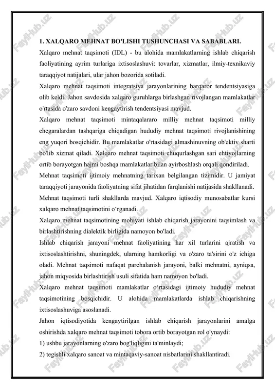 miqyosdagi iqtisodiy integratsiya har bir alohida mamlakat uchun ham, butun jahon hamjamiyatiga ham ulkan afzalliklarni beradi, chunki: - mehnat kooperatsiyasi samaradorligi oshadi. birgalikda harakat qilish orqali kichik va tarqoq xo'jalik tuzilmalari tomonidan amalga oshirib bo'lmaydigan ishlarni bajarish va iqtisodiy, texnik va ilmiy muammolarni hal qilish mumkin. – fanning ishlab chiqarish quvvatidan birgalikda foydalanish samaradorligi ortib, ishlab chiqarishni yangi miqdor va sifat darajalariga olib chiqmoqda. masalan, ikkinchi jahon urushidan keyin yaponiya jahonning yetakchi davlatlaridan xarid qilingan ilmiy ishlanmalarga tayangan holda o‘z sanoatining yuqori raqobatbardoshligini ta’minladi. – ishchilarning kasbiy va intellektual saviyasi oshib bormoqda. uskunalar, texnologiyalar, ishlab chiqarishni boshqarish usullari va boshqalarni o'zaro almashish xodimlarning malaka darajasini oshirishni talab qiladi. bunga, bir tomondan, mamlakat ichida kadrlar tayyorlashni takomillashtirish, ikkinchi tomondan, kadrlarni birgalikda tayyorlash va davlatlar o‘rtasida mutaxassislar almashinuvi orqali erishiladi. - boshqa imtiyozlar. xalqaro mehnat taqsimotini xalqaro iqtisodiy munosabatlarning asosi sifatida ko‘rib chiqishda quyidagi holatga e’tibor qaratish lozim. faqat alohida ishlab chiqaruvchilar …