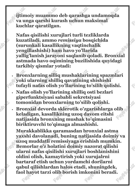 larning o’zgarishi asosida organizmning sensibilizasiyasi (sezuvchan bo’lib qolishi)yotadi. anafilaksiya shaklida kechuvchi tezkor allergik reaktsiyalar natijasida organizm anitanalar ishlab chiqaradi va o’sha allergen qayta kuzatilsa tezda gistamin chiqarilishi yuzaga keladi, u esa bronx shilliq qavatining shishishiga va va bezlarning gipersekretsiyasiga olib keladi immunokompleks allergik reaktsiyalar va kechiktirilgan sezuvchanlik reaktsiyalari shunga o’xshash tarzda rivojlanadi, ammo sustroq alomatlar bilan namoyon bo’ladi. so’nggi yillarda qondagi kalsiy miqdori ham moyillik omili sifatida qaralmoqda, chunki ortiqcha kaltsiy spazmga olib kelishi mumkin, shu jumladan, bronxial mushaklar spazmlarini ham. nafas qisilishi natijasida vafot etganlarning patologoanatom tekshiruvlarida bronxlarning yopishqoq, quyuq shilliq bilan to’liq yoki qisman to’silib qolishi va nafas chiqarish qiyinchiligi tufayli emfizematoz o’pka kengayishi qayd etiladi. to’qimalarning mikroskiopda tekshirilishi shunga o’xshash tasvirni beradi — qalinlashgan muskul qavati, gipertrofiyalangan bronxial bezlar, bronxial devorlarning infiltratif, deskvamatsiyalangan holati. bronxial astma tasnifi yuzaga kelishi bo’yicha: · allergik bronxial astma · noallergik bronxial astma (allergik bo’lmagan) · aralash bronxial astma · aniqlanmagan bronxial …