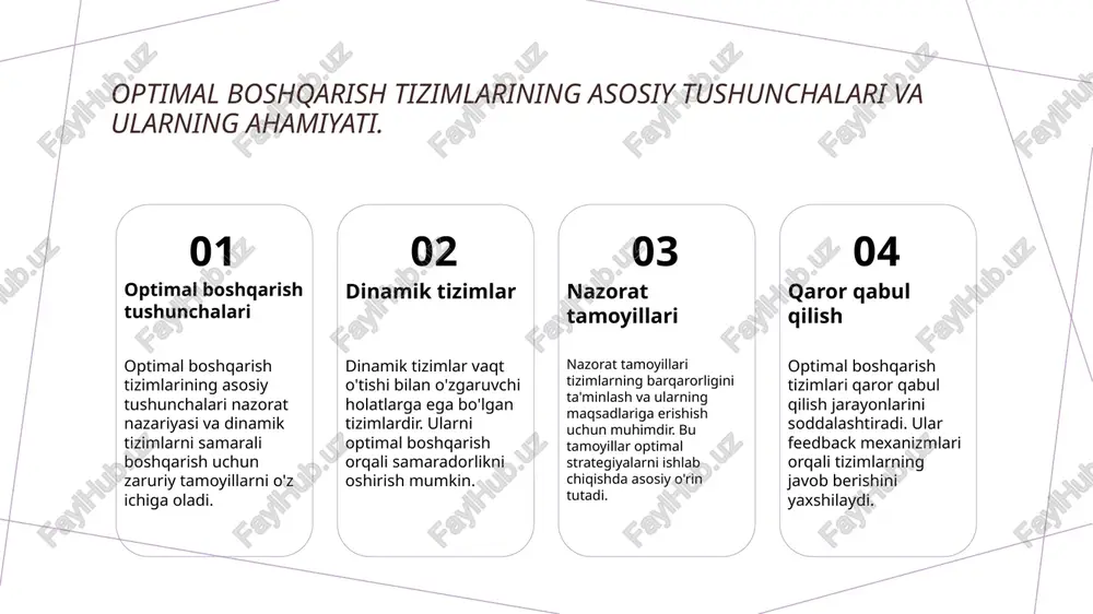 onlari nazorat nazariyasini qo'llash orqali samaradorlikni oshiradi, tizimlar tezligini va ishonchliligini ta'minlaydi, resurslarning tejashini imkonini beradi. 3 barqarorlik va nazorat nazorat nazariyasi barqarorlikni ta'minlashda muhim rol o'ynaydi, dinamik tizimlar uchun nazorat mexanizmlarini ishlab chiqish orqali muammolarni hal qiladi. avtomatlashtirish tizimlarida optimal boshqarishning ahamiyati. 1 avtomatlashtirish jarayoni avtomatlashtirish jarayonlarida optimal boshqarish tizimlari, ishlab chiqarishni samarali va tezkor ravishda boshqarishga yordam beradi, resurslarni tejaydi. 2 barqarorlikni ta'minlash optimal boshqarish tizimlari dinamik tizimlarda barqarorlikni ta'minlaydi, shuningdek, tizimning noaniqliklariga nisbatan chidamliligini oshiradi. 3 qaror qabul qilishni yaxshilash avtomatlashtirilgan tizimlar optimal boshqarish yordamida tez va aniq qarorlar qabul qilish imkonini beradi, bu esa strategik ustunlik yaratadi. qaror qabul qilish jarayonlarida feedback mexanizmlari. 1 feedback mexanizmi feedback mexanizmi, nazorat jarayonida tizimning holatini baholash va kerakli o'zgarishlarni amalga oshirish uchun muhimdir, bu barqarorlikni ta'minlaydi. 2 qaror qabul qilish qaror qabul qilish jarayonida feedback mexanizmlari, ma'lumotlarni tezkor qayta ishlash va optimal natijalarga erishishda muhim rol o'ynaydi, samaradorlikni oshiradi. …
