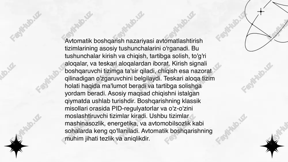iagrammalari bilan birga tizimni chastota sohasida tahlil qilishda asosiy vositalardan biri hisoblanadi. ... t.me/slaydai_bot nyquist kriteriylari signalni diskretizatsiya qilishda muhim ahamiyatga ega bo'lgan tamoyillarni o'z ichiga oladi. diskretizatsiya qilishda nyquist chastotasi kamida ikki baravar kattaroq bo'lishi kerak, bunda $f_{s}$ - namuna olish chastotasi $f_{\text{max}}$ - signalning maksimal chastotasi. ya'ni, $f_{s} \geq 2 \cdot f_{\text{max}}$ bo'lishi zarur. bu talab aliasingdan qochish uchun muhimdir. aliasing jarayoni analog signalning noto'g'ri diskretizatsiya qilishida yuzaga keladi, natijada signalning speksifik xususiyatlari yo'qolishi yoki noto'g'ri aks ettirilishi mumkin. nyquist kriteriylari raqamli signal oqimlarida axborot yo'qotilmasdan saqlab qolinishini ta'minlaydi. ... t.me/slaydai_bot stabilizatsiya usullari turli sohalarda qo'llaniladi, jumladan iqtisodiyot, texnologiya va kimyo. masalan, iqtisodiy stabilizatsiyada fiskal va monetar siyosatlar muhim rol o'ynaydi, davlat xarajatlari va foiz stavkalarini tartibga solish orqali yalpi ichki mahsulot va inflyatsiya darajasi barqarorlashtiriladi. kimyoviy stabilizatsiyada katalizatorlar va stabilizatorlar kimyoviy reaktsiyalar tezligini va mahsulot sifatini nazorat qilish uchun ishlatiladi. texnologik stabilizatsiyada turg'unlikni ta'minlash uchun algoritmlar va …