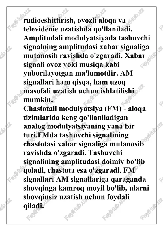 siyasi · impuls kengligi modulyatsiyasi (pwm) · puls amplitudasi modulyatsiyasi (aim) · impuls chastotasi modulyatsiyasi (pfm) · puls-vazifa modulyatsiyasi · puls fazali modulyatsiya (ppm) · delta modulyatsiyasi (dm yoki d modulyatsiyasi) · sigma-delta modulyatsiyasi (sd) asosiy xususiyatlar · energiya samaradorligi (potentsial shovqin immuniteti) signal qoʻshimchali oq gauss shovqiniga taʼsir qilganda uzatiladigan maʼlumotlarning ishonchliligini tavsiflaydi, agar belgilar ketma-ketligi ideal demodulyator tomonidan tiklangan boʻlsa. belgilanganidan oshmaydigan xatolik ehtimoli bilan kanal orqali maʼlumotlarni uzatish uchun zarur boʻlgan minimal signal-to-shovqin nisbati (eb / n0) bilan belgilanadi. energiya samaradorligi maqbul ishlash uchun zarur boʻlgan minimal transmitter quvvatini belgilaydi. modulyatsiya usulining xarakteristikasi energiya samaradorligi egri chizigʻi — ideal demodulyatorning xatolik ehtimolining signal-to-shovqin nisbatiga bogʻliqligi (eb / n0). · spektral samaradorlik cδf — maʼlumotlar uzatish tezligining radiokanalning foydalanilgan oʻtkazish qobiliyatiga nisbati. · amps : 0,83 · nmt : 0.46 · gsm : 1.35 · etkazish kanalining taʼsiriga qarshilik uzatish maʼlum buzilishlarga duchor boʻlganda uzatiladigan maʼlumotlarning ishonchliligini tavsiflaydi: …