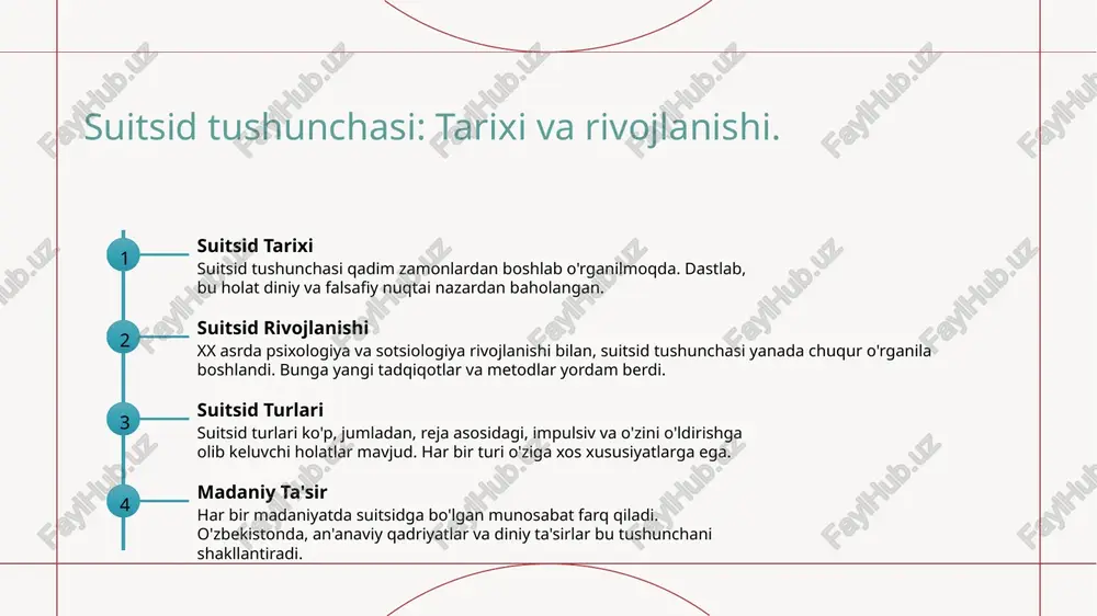 ash usullari. psixologik omillar psixologik holatlar, masalan, depressiya yoki tashvish, odamlarning suitsidga moyilligini oshiradi. bu ruhiy holatlar ko'pincha yordamga muhtojlikni ko'rsatadi. ijtimoiy omillar ijtimoiy izolyatsiya, iqtisodiy qiyinchiliklar va oilaviy muammolar, odamlarning ruhiy salomatligiga salbiy ta'sir ko'rsatadi, bu esa suitsid xavfini oshiradi. biologik omillar genetika va miyaning kimyoviy balansi, shuningdek, avvalgi psixiatriya kasalliklari, odamlarning suitsidga moyilligiga ta'sir qiladi va xavfni oshiradi. profilaktika choralarida oilaning roli va ahamiyati. oila va qo'llab-quvvatlash oila, shaxsning hissiy holati va salomatligini mustahkamlashda muhim rol o'ynaydi, yoshlar uchun ijtimoiy qo'llab-quvvatlash manbai hisoblanadi. suhbat va muloqot oila a'zolari orasida ochiq suhbat va muloqot qilish, muammolarni hal qilishda yordam beradi, shuningdek, hissiy yukni kamaytiradi. ta'lim va tarbiya oila, farzandlariga ruhiy salomatlik, stress va depressiya bilan kurashish bo'yicha zaruriy bilimlarni berishda muhim ahamiyatga ega. ijtimoiy aktivlik oila, ijtimoiy faoliyatlarni qo'llab-quvvatlab, yoshlarni jamiyatga integratsiyalashishga yordam beradi, bu esa depressiya xavfini kamaytiradi. mental salomatlikni mustahkamlash: suitsidni oldini olish strategiyalari. mental salomatlikni kuchaytirish …