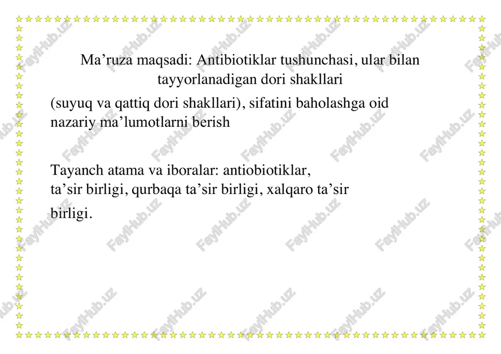 i eritmalar tayyorlanadi. bunday hollarda ph sharoiti hisobga olinadi, bu esa antibiotiklarni boshqa dori moddalar bila n turg’unligini va mutanosibligini oshiradi eritmalar aseptik sharoitda eritmalarni tayyorlashning umumiy qoidasiga asoslangan holda tayyorlanadi. antibiotiklar bilan tayyorlangan dorilarni saqlash muddati 24 soat. rp: strepthomycini 250000 tb benzylpenicillini — natrii 100000 tb solutionis natrii chloridi 0,9% — 20 ml misce. da. signa. burun uchun tomchi. lloyd v.allen, gavrilov a.s. farmatsevtichesaya yumshoq dori shakllari (surtmalar) 1. yumshoq dori shakllari va ularni tdv orasida tutgan o‘rni 2. yumshoq dori shakllarining kelib chiqish tarixi 3. surtmalar kremlar, linimentlar, pastalar, gellar, shamchalar, ta’rifi, tavsifi va tasnifi. surtmalar (unguenta) – yumshoq dori shakllari bo‘lib, asosan maxalliy ishlatish uchun mo‘ljallangan. ularning dispers muhitlari shunday reologik (etarli qovushqoqlik, plastiklik va psevdoplastik) ko‘rsatkichlarga egaki, uning natijasida surtmalar belgilangan haroratda ham o‘zining turg‘unligini etarlicha saqlab qola oladi. surtmalar xi df ga rasmiy dori shakllari ko‘rinishida kiritilgan bo‘lib, teriga, yaralarga va silliq qavatlarga surtish …
