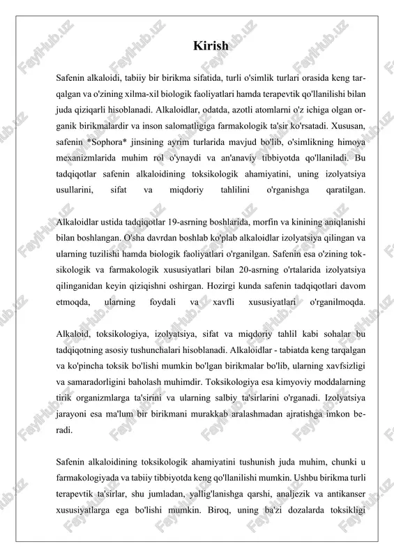 a qaratilgan va safenin turli terapevtik kontekstlarda samarali va xavfsiz foydalanish imkoniyatini ta'minlaydi. i. safenin alkaloidining toksikologik xususiyatlari safenin alkaloidi, o'zining toksikologik xususiyatlari bilan alohida ahamiyatga ega bo'lgan tabiiy birikmadir. toksikologiya, kimyoviy moddalar va ularning tirik organizmlar ustida ta'siri haqida bilimlar to'plamini o'z ichiga oladi. safenin alkaloidining toksikologik jihatlarini o'rganish, uning potentsial terapevtik ta'sirlarini va xavfsizligini ta'minlash uchun muhimdir. safenin alkaloidi, ko'plab biologik faoliyatlarga ega bo'lib, o'z ichiga yallig'lanishga qarshi, og'riq qoldiruvchi va antikanser ta'sirlarini oladi. biroq, u ma'lum dozalarda toksik bo'lishi mumkin, bu esa uning xavfsizligi va samarali foydalanishini ta'minlash muhimligini anglatadi. toksikologik tadqiqotlar, safenin alkaloidining organizmga qanday ta'sir ko'rsatishini, uning metabolizmini va mumkin bo'lgan yon ta'sirlarini tushunishga yordam beradi. safenin alkaloidi bilan bog'liq asosiy toksikologik xususiyatlardan biri, uning doza bilan bog'liq ta'siri. ba'zi tadqiqotlar, safenin yuqori dozalarda suvda erishi va organizmda to'planishi natijasida toksik ta'sir ko'rsatishi mumkinligini ko'rsatadi. masalan, safeninning yuqori konsentratsiyalari, hujayralar o'limiga olib kelishi va yallig'lanish …