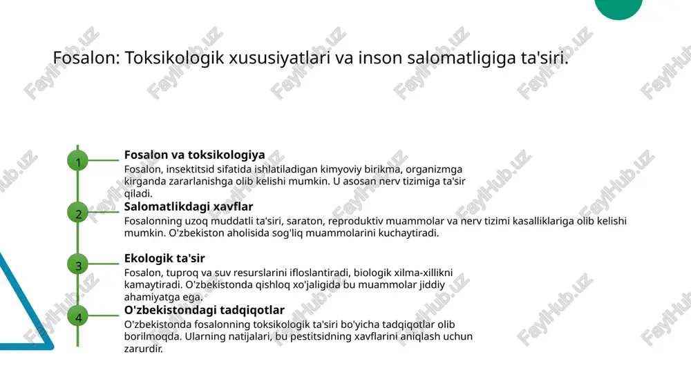 da izolyatsiya jarayoni zaruriy bosqichdir, bu orqali uning xususiyatlari va muhim komponentlari o'rganiladi. 2 tahlil usullari izolyatsiya jarayonida foydalaniladigan tahlil usullari, masalan, xromatografiya va spektroskopiya, fosalonning toksikologik ta'sirini aniqlashda muhim rol o'ynaydi. 3 ekologik ta'sir fosalonning izolyatsiyasi orqali uning atrof-muhitga ta'siri o'rganiladi, bu esa ekologik xavflarni baholash va yechimlar ishlab chiqishda yordam beradi. 4 o'zbekistondagi ahamiyati o'zbekistonda fosalonning izolyatsiyasi va uning toksikologik ta'sirini o'rganish, qishloq xo'jaligi xavfsizligini ta'minlashda va ekologik barqarorlikni saqlashda muhimdir. fosalonning o'zbekistondagi ekologik ta'sirlari va xavf-xatarlar tahlili. fosalon va o'zbekiston fosalon o'zbekistonda keng tarqalgan pestitsid bo'lib, uning ekologik ta'siri yer va suv manbalariga salbiy ta'sir ko'rsatmoqda. ekologik ta'sirlar fosalon, tuproq va suv ekotizimlarida muhim o'zgarishlarga olib keladi, bu esa biologik xilma-xillikka zarar yetkazishi mumkin. xavf-xatarlar tahlili fosalonning inson salomatligiga ta'siri, pestitsidlar bilan bog'liq kasalliklar orqali tahlil qilinadi, bu esa jamoatchilik uchun xavf tug'diradi. qishloq xo'jaligida fosalonning kamayishi: ekologik natijalar va muammolar. fosalonning kamayishi fosalonning qishloq xo'jaligida kamayishi, …