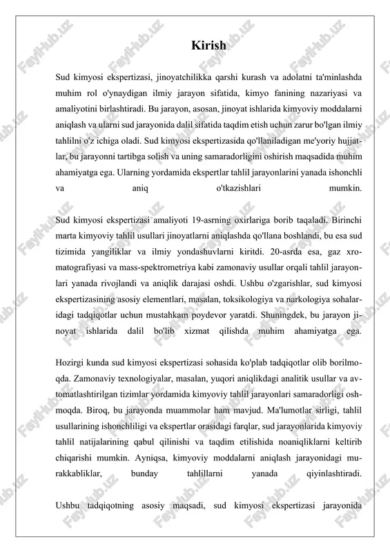 atlari 19-asr oxirlarida paydo bo'lgan. dastlabki hujjatlar, kimyoviy tahlil usullarini belgilash va standartlashtirish maqsadida ishlab chiqilgan. bu davrda kimyoviy moddalarni tahlil qilish uchun an'anaviy usullar qo'llanilgan, masalan, rangli reaksiya usullari, filtratsiya va distillatsiya. hujjatlar asosan nazorat va standartlarni belgilashga qaratilgan bo'lib, ularning tasnifi va ifodalanishi juda sodda edi. tarixiy hujjatlar, shuningdek, ekspertlar tomonidan olingan natijalarni tasdiqlashda muhim ahamiyatga ega bo'lgan protokollarni o'z ichiga olgan. zamonaviy yondashuvlar esa, texnologik taraqqiyot bilan bog'liq holda, yanada murakkab va nozik tahlil usullarini talab qiladi. bugungi kunda sud kimyosi ekspertizasi jarayonida foydalaniladigan hujjatlar, zamonaviy analitik texnologiyalar, masalan, gaz xromatografiyasi, mass-spektrometriya va yuqori samaradorlikli suyuqlik xromatografiyasi asosida ishlab chiqilgan. ushbu hujjatlar, shuningdek, kimyoviy tahlilni yaxshilash va natijalarni yanada ishonchli qilish maqsadida sifat nazorati va sifat kafolati me'yorlarini o'z ichiga oladi. zamonaviy hujjatlarning bir qismi, shuningdek, ma'lumotlarni avtomatlashtirish va elektron tizimlarga integratsiya qilishni o'z ichiga oladi. bu, ekspertizalar jarayonini tezlashtirish va natijalarning aniq va oson o'qiladigan formatda …