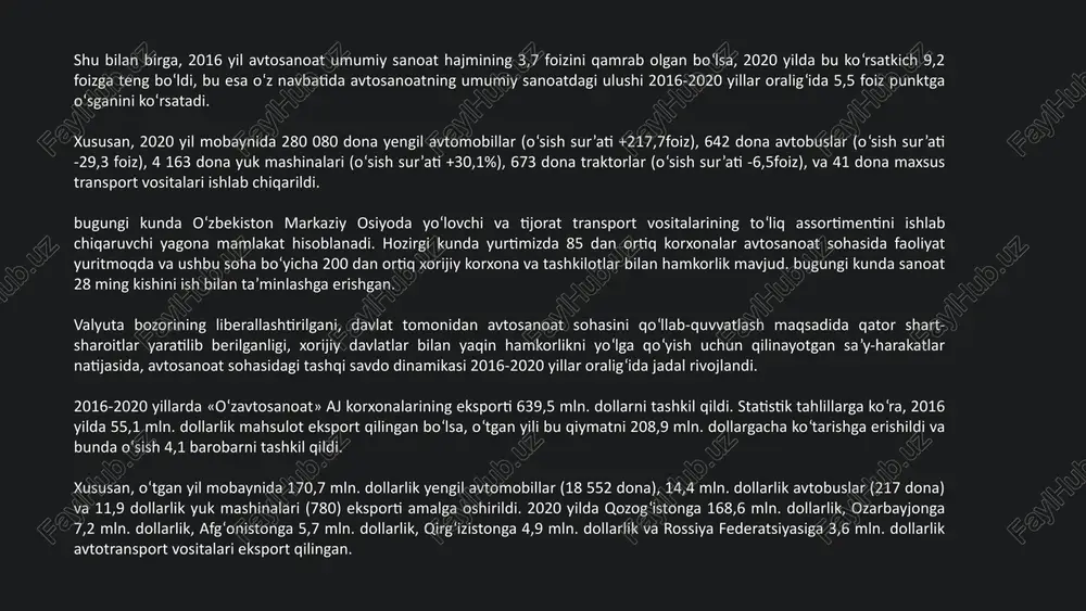 larini yaratadi va aholining farovonligini oshiradi. investitsiya ushbu sohadagi ish o'rinlarini ko'paytirishga yo'naltirilgan. avtomobillar har doim katta talabga ega bo'lgan tovarlar sanaladi. investitsiya ushbu talabni qondirish uchun ishlab chiqarishni kengaytirish imkonini beradi. avtomobil sanoatiga investitsiya kiritish uchun imkoniyatlar ushbu sanoat yangi texnologiyalar va ixtirolarni qo'llab-quvvatlaydi, shuning uchun investitsiya yangi innovatsiyalarni rivojlantirish va joriy etish uchun imkoniyatlar yaratadi. avtomobil sanoati ko'p sonli ish o'rinlari va yuqori ish haqi bilan ajralib turadi, shuning uchun investitsiya mahalliy bandlikni oshirish va xalqning farovonligini yaxshilash uchun katta potentsialga ega. avtomobillarga doimiy va kuchli talabning mavjudligi investitsiya qilishni rag'batlantiradi, chunki u yangi bozorlarga chiqish va mavjud bozorlardagi ulushni kengaytirish imkonini beradi. avtomobil sanoatiga investitsiya kiritish uchun risklar texnologik risklar: tez rivojlanayotgan sohada yangi texnologiyalarni o'rnatish va ishlab chiqarish jarayonini modernizatsiya qilishga katta xarajatlar talab etiladi. bozor risklar: talabdagi keskin o'zgarishlar, sifat talablarning ortib borishi, yangi raqobatchilarning paydo bo'lishi kabi omillar investitsiya qiluvchini noaniqlikka olib kelishi mumkin. …