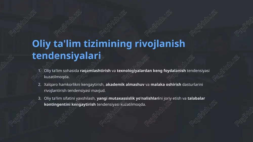 yurtlariga investitsiyalar: investorlar uchun imkoniyatlar investitsiya uchun yangi sohalari oliy ta'lim sohasiga investitsiyalar amalga oshirilishi mumkin bo'lgan yangi yo'nalishlar - texnologiyalar, axborot tizimlari, innovatsion laboratoriyalar, ta'lim loyihalari va xalqaro hamkorlik rivojlanishidir. investorlar uchun imtiyozlar o'zbekistonda investorlar uchun soliq, bojxona va boshqa imtiyozlar, kafolatlar va qo'llab-quvvatlash chora-tadbirlari belgilangan. bu investitsiyalarni jalb qilish uchun qo'shimcha rag'batlantiruvchi omillar hisoblanadi. davlat-xususiy sheriklik oliy ta'lim muassasalarini rivojlantirish uchun davlat va xususiy sektor o'rtasidagi sheriklik mexanizmlaridan foydalanish imkoniyati mavjud. bu investorlar uchun yaxshi hamkorlik platformasini yaratadi. xalqaro hamkorlik imkoniyatlari oliy o'quv yurtlariga investitsiyalar orqali xalqaro loyihalar, akademik almashuv va birgalikdagi ilmiy tadqiqotlarni amalga oshirish imkoniyatlari mavjud. bu xalqaro integratsiya uchun muhim. 9 oliy o'quv yurtlariga investitsiyalar: risklar va kafolatlar 1 moliyaviy risklar investitsiyalar uchun mablag' yetishmasligi yoki nomaqbul qaytim 2 bozor risklar talabning o'zgarishi yoki raqobat faoliyatining kuchayishi 3 ijtimoiy-siyosiy risklar qonunchilik bazasidagi o'zgartishlar yoki siyosiy beqarorlik 4 texnologik risklar innovatsiyalarning takomillashmay qolishi yoki ularga moslashish …
