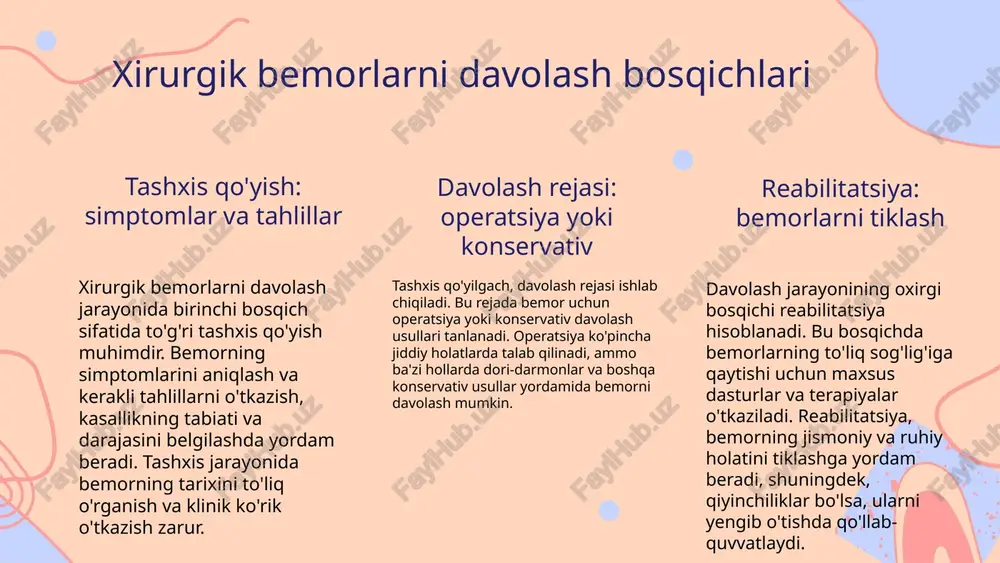 adlar va prinsiplari kurasiya qilishda asosiy maqsadlar quyidagilardan iborat: bemorning holatini yaxshilash, ularning sog'lig'ini saqlash va davolash jarayonini osonlashtirish. bunda asosiy prinsiplarga bemorning individual xususiyatlarini hisobga olish, tibbiy yordamning sifatini oshirish, va bemor bilan samarali muloqotni o'rnatish kiradi. shuningdek, kurasiya jarayonida bemorlarning psixologik yordami ham ko'zda tutiladi, bu esa ularning davolanish jarayoniga ijobiy ta'sir ko'rsatadi. bemorlarni kurasiya qilish jarayonlari asosiy bosqichlar va maqsadlar bemorlarni kurasiya qilish jarayoni uchta asosiy bosqichdan iborat: baholash, rejani tuzish va kuzatish. baholash bosqichida bemorning umumiy holati va kasallik tarixi o'rganiladi, bu bosqichning maqsadi - bemorning ehtiyojlarini aniqlash. rejani tuzish bosqichida bemor uchun individual davolash rejalari ishlab chiqiladi, bu erda asosiy maqsad - bemorning holatini yaxshilashdir. kuzatish bosqichida esa bemorning holati doimiy ravishda monitoring qilinadi va zarur bo'lganda davolash rejasiga o'zgartirishlar kiritiladi. qo'llaniladigan metodlar va usullar kurasiya jarayonida klinik kuzatuv, laboratoriya va instrumental tadqiqotlar, shuningdek, bemor bilan muloqot va psixologik yordam kabi usullar qo'llaniladi. ushbu metodlar …