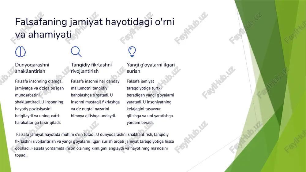 ojlangan. avreliy avgustin va foma akvinskiy kabi faylasuflar xristian falsafasining asosini yaratgan bo'lsa, ibn sino kabi olimlar dunyoviy bilimlarni rivojlantirishga katta hissa qo'shgan. 5 uyg'onish davri falsafasi: insonparvarlik va ilmiy tafakkur insonparvarlik insonni oliy qadriyat deb bilish. bu davrda insonning aqliy va jismoniy qobiliyatlarini rivojlantirishga katta e'tibor berilgan. 1 ilmiy tafakkur tajriba va kuzatishga asoslangan bilimlarni qidirish. bu davrda kopernik, galiley kabi olimlar o'zlarining kashfiyotlari bilan ilmiy tafakkurning rivojlanishiga hissa qo'shgan. 2 san'at va madaniyatning yuksalishi renessans davrida san'at va madaniyatning yuksalishi falsafiy tafakkurning rivojlanishiga ta'sir ko'rsatgan. leonardo da vinchi, mikelanjelo kabi san'atkorlar o'zlarining asarlari bilan insonning go'zalligini va qadrini ulug'lagan. 3 uyg'onish davri falsafasi insonparvarlik va ilmiy tafakkurning rivojlanishi bilan xarakterlanadi. bu davrda insonning aqliy va jismoniy qobiliyatlarini rivojlantirishga katta e'tibor berilgan. san'at va madaniyatning yuksalishi falsafiy tafakkurning rivojlanishiga ta'sir ko'rsatgan. 6 yangi davr falsafasi: ratsionalizm va empirizm ratsionalizm aqlga asoslangan bilishni afzal ko'radi. dekart, spinoza, leybnits kabi faylasuflar …