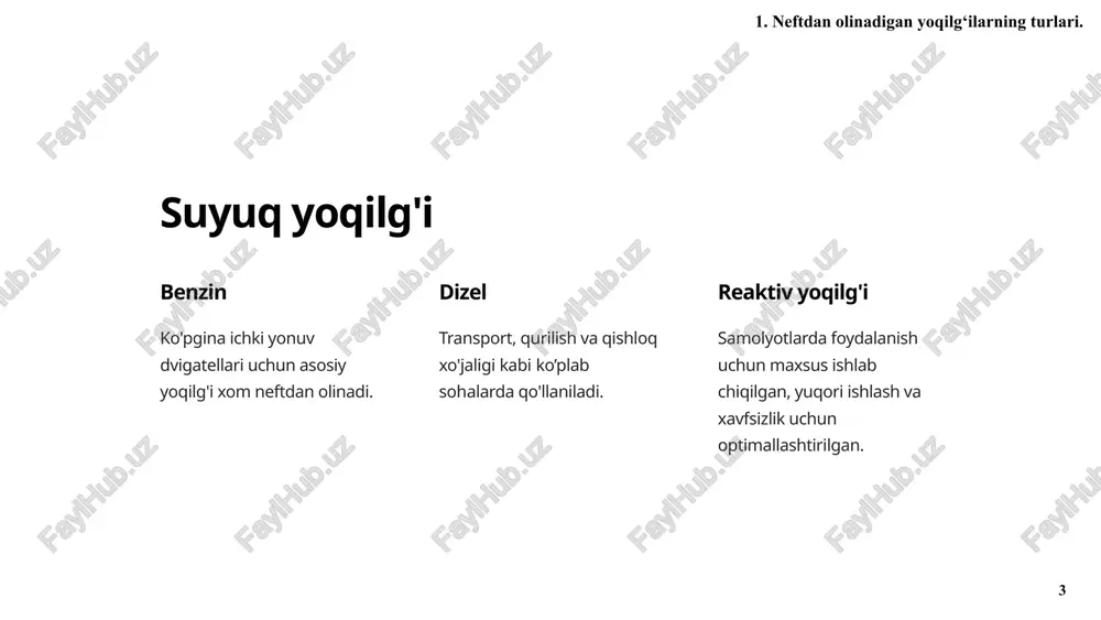 lgan. elektr transport vositalari elektr transport vositalarini qabul qilish va infratuzilma uchun akkumulyator texnologiyasida davom etayotgan yutuqlar. 1. neftdan olinadigan yoqilg‘ilarning turlari. 9 9 yoqilg'i texnologiyasidagi innovatsiyalar murakkab qayta ishlash jarayonlari yoqilg'i ishlab chiqarish samaradorligi va atrof-muhitga ta'sirini yaxshilash uchun innovatsion usullardan foydalanish. aqlli aralashtirish texnikasi yoqilg'i ishlashini optimallashtirish va chiqindilarni kamaytirish uchun aqlli aralashtirish jarayonlarini birlashtirish. nanotexnologiya vositalari yonish dvigatellarida yoqilg'i xususiyatlarini va samaradorligini oshirish uchun nanomateriallarni o'rganish. 1. neftdan olinadigan yoqilg‘ilarning turlari. 10 10 benzinlar avtomobil sanoatida ishlatiladigan benzin yoqilg'ilarining turlari va xususiyatlari haqida qisqacha ma'lumot. 2. benzinlar 11 11 benzin turlari qo'rg'oshinsiz eng ko'p ishlatiladigan, qo'rg'oshin qo'shimchalarini o'z ichiga olmaydi va chiqindilarni kamaytiradi. premium yuqori oktanli, yuqori samarali dvigatellar uchun mos keladi. etanol bilan aralashtirilgan tarkibida atrof-muhitga foyda keltiradigan bioyoqilg'i bo'lgan etanol foizi mavjud. 2. benzinlar 12 12 benzinning xususiyatlari 1 oktan reytinglari dvigatelning ishlashi va taqillatish qarshiligiga ta'sir qiluvchi benzin turiga qarab farqlanadi. 2 aromatik moddalar …