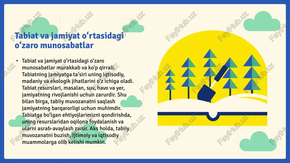 biiy boyliklarni himoya qilishda muhimdir. muvozanatning ahamiyati muvozanatni saqlash shartlari muvozanatni ta'minlash omillari photo by casey horner on unsplash photo by jeremy bishop on unsplash photo by daniela kokina on unsplash xulosa tabiat va jamiyat o‘rtasidagi o‘zaro munosabatlar muhim ahamiyatga ega. ular bir-birini to‘ldirib, rivojlanish uchun zarur sharoitlar yaratadi. bunda barqaror foydalanish, ekologik himoya va ijtimoiy ongni oshirish zarur. tabiat va jamiyat muvozanat shartlari mavjud muammolar photo by casey horner on unsplash photo by jeremy bishop on unsplash photo by daniela kokina on unsplash e'tiboringiz uchun rahmat! image1.png image2.png image3.png image4.png image7.png image8.png image25.jpeg image20.png image21.png image22.png image26.jpeg image27.jpeg image5.png image6.png image28.jpeg image29.jpeg image30.jpeg image31.jpeg image32.jpeg image33.jpeg image34.jpeg image35.jpeg image36.jpeg image37.jpeg image23.png image24.png