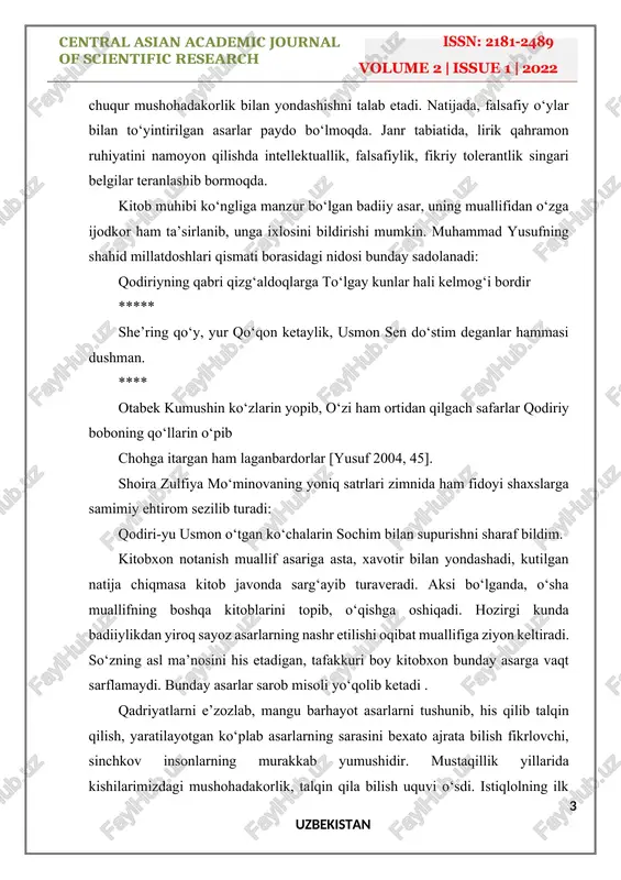 amoyon qilishda intellektuallik, falsafiylik, fikriy tolerantlik singari belgilar teranlashib bormoqda. kitob muhibi ko‘ngliga manzur bo‘lgan badiiy asar, uning muallifidan o‘zga ijodkor ham ta’sirlanib, unga ixlosini bildirishi mumkin. muhammad yusufning shahid millatdoshlari qismati borasidagi nidosi bunday sadolanadi: qodiriyning qabri qizg‘aldoqlarga to‘lgay kunlar hali kelmog‘i bordir ***** she’ring qo‘y, yur qo‘qon ketaylik, usmon sen do‘stim deganlar hammasi dushman. **** otabek kumushin ko‘zlarin yopib, o‘zi ham ortidan qilgach safarlar qodiriy boboning qo‘llarin o‘pib chohga itargan ham laganbardorlar [yusuf 2004, 45]. shoira zulfiya mo‘minovaning yoniq satrlari zimnida ham fidoyi shaxslarga samimiy ehtirom sezilib turadi: qodiri-yu usmon o‘tgan ko‘chalarin sochim bilan supurishni sharaf bildim. kitobxon notanish muallif asariga asta, xavotir bilan yondashadi, kutilgan natija chiqmasa kitob javonda sarg‘ayib turaveradi. aksi bo‘lganda, o‘sha muallifning boshqa kitoblarini topib, o‘qishga oshiqadi. hozirgi kunda badiiylikdan yiroq sayoz asarlarning nashr etilishi oqibat muallifiga ziyon keltiradi. so‘zning asl ma’nosini his etadigan, tafakkuri boy kitobxon bunday asarga vaqt sarflamaydi. bunday asarlar sarob …